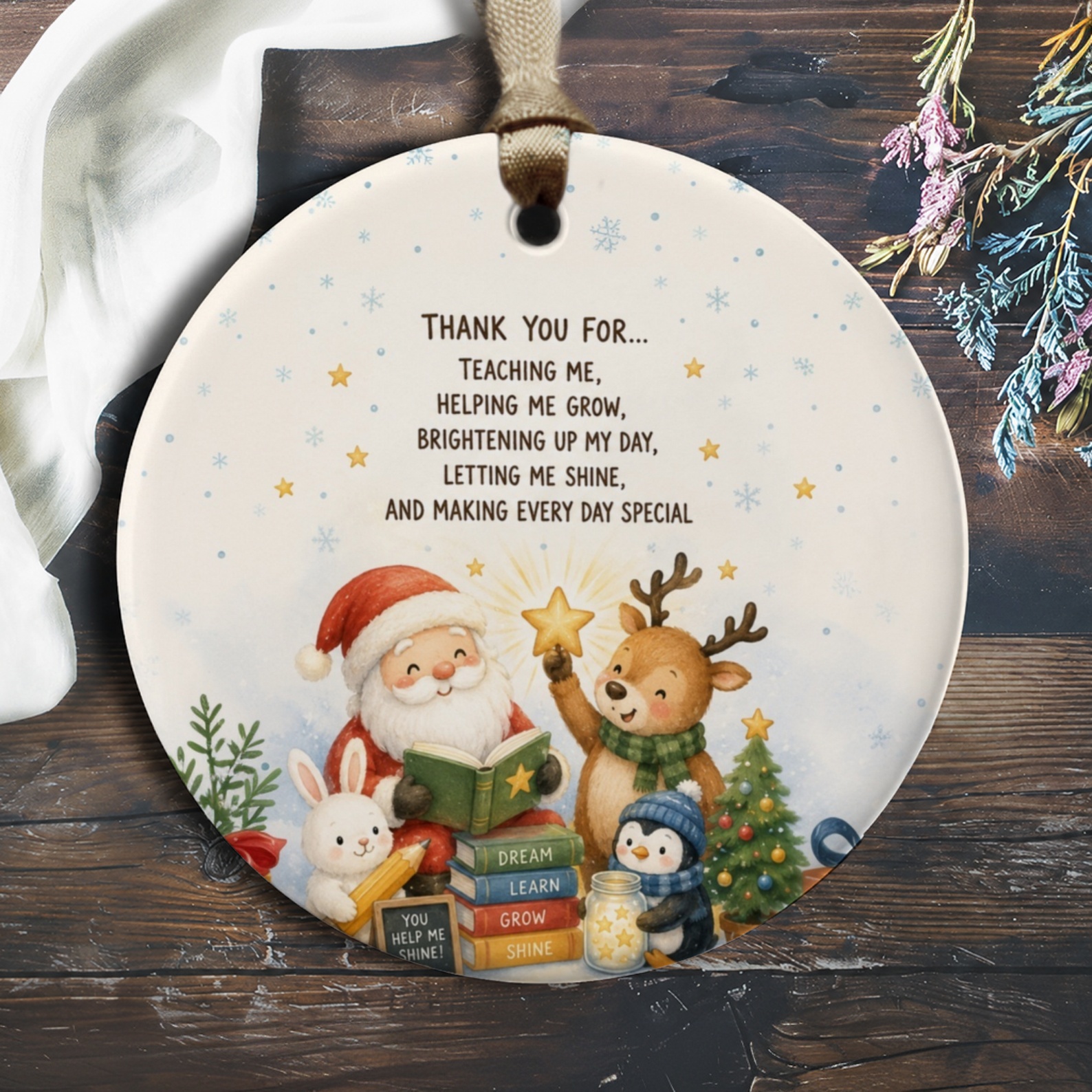 Thank You For Teaching Me Helping Me Grow Christmas Ornament Santa Reindeer Cute Holiday Decor Teacher Appreciation Gift O415