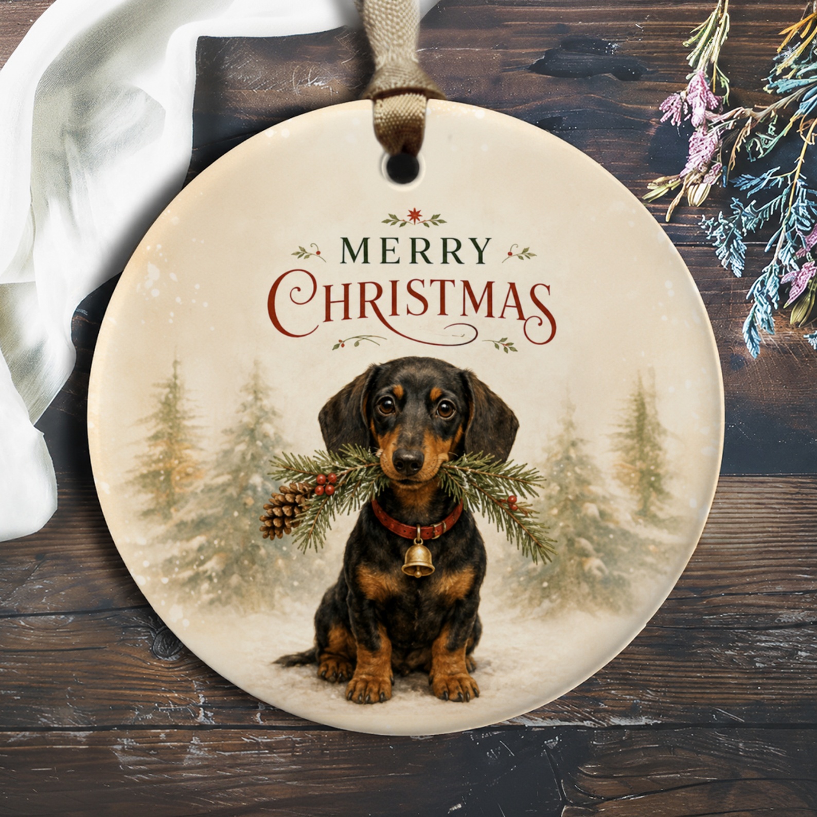 Merry Christmas Ornament Cute Dachshund With Pine Branch Holiday Decor Dog Lover Gift Festive Christmas Tree Decoration O428