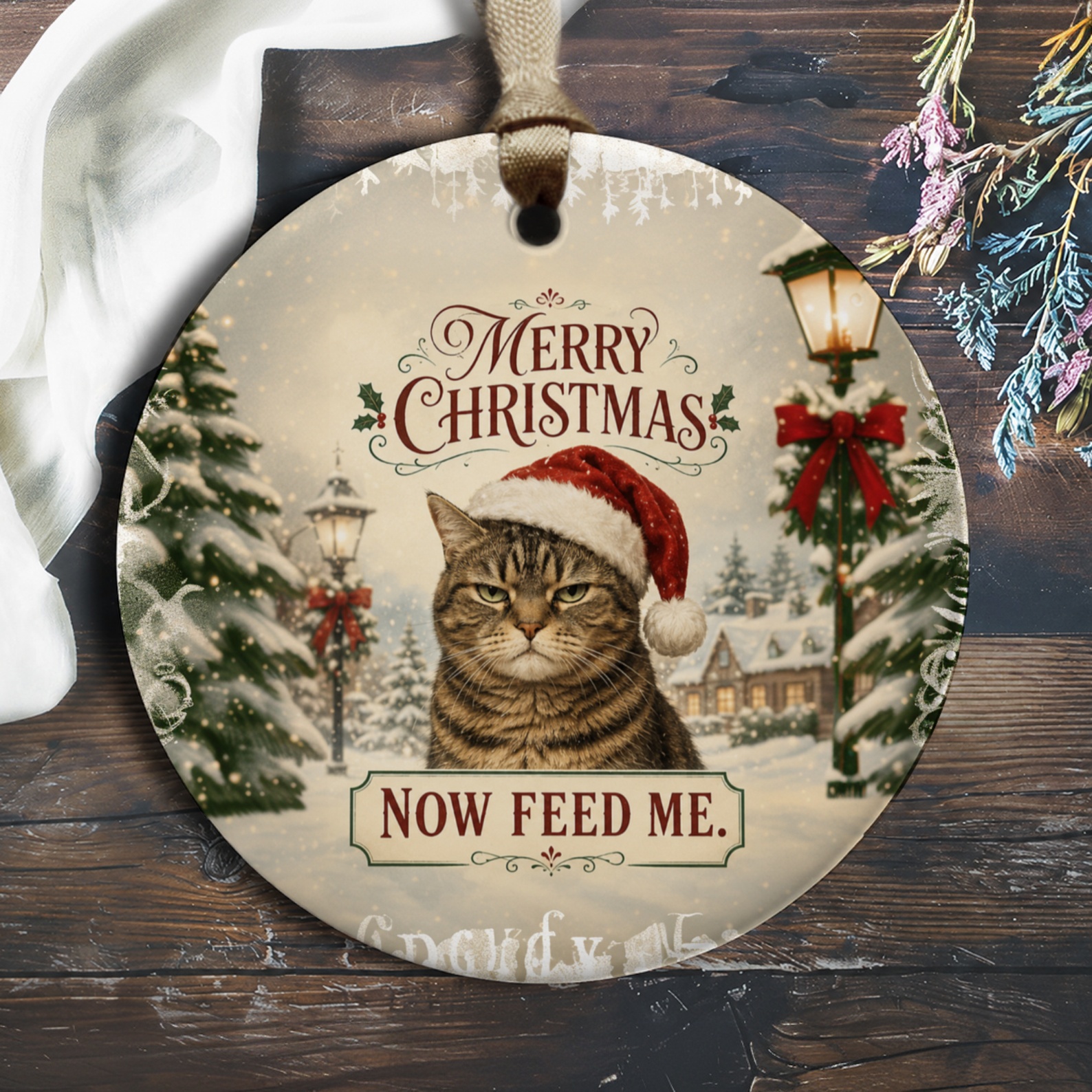 Merry Christmas Now Feed Me Cat Ornament Funny Holiday Decor Christmas Tree Decoration Cat Lover Gift Cute Santa Hat O436