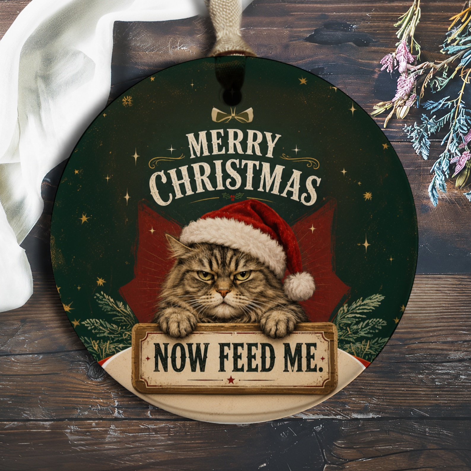 Merry Christmas Now Feed Me Cat Ornament Funny Christmas Ornament Cat Lover Holiday Decor Cute Santa Hat O437