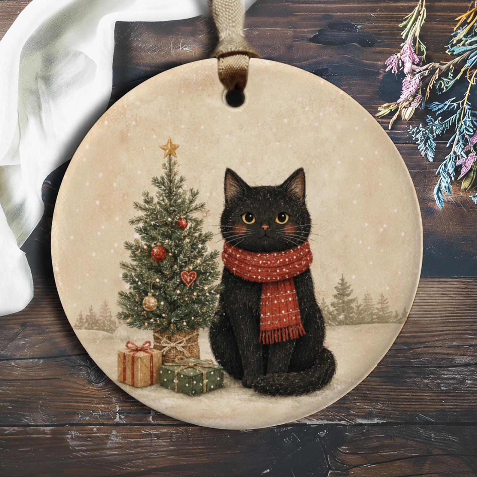 Black Cat Christmas Ornament Cute Holiday Decor Festive Tree Decoration Cat Lover Gift Winter Scene Adorable Animal Ornament O438