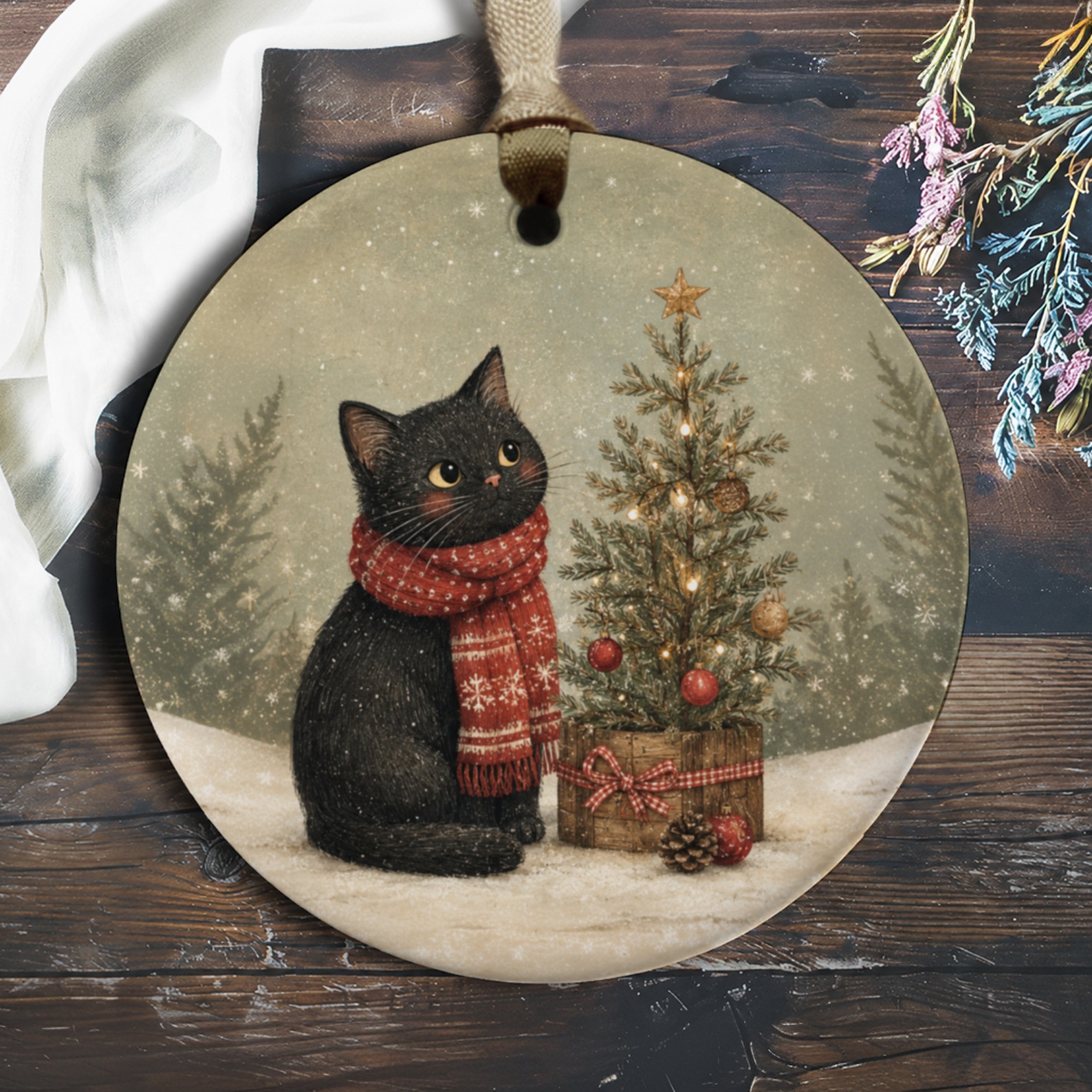 Black Cat Christmas Ornament Cute Holiday Decor Winter Scene Cat Lover Gift Festive Tree Decoration Cozy Home Accent O439