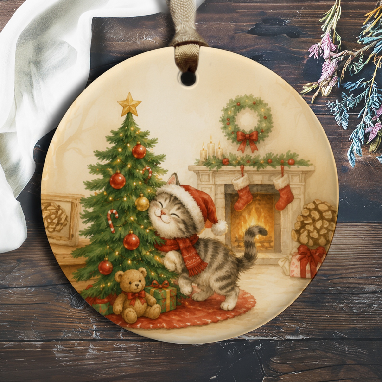 Christmas Cat Ornament Cute Holiday Decor Kitten With Tree Festive Fireplace Scene Adorable Gift For Cat Lovers O419