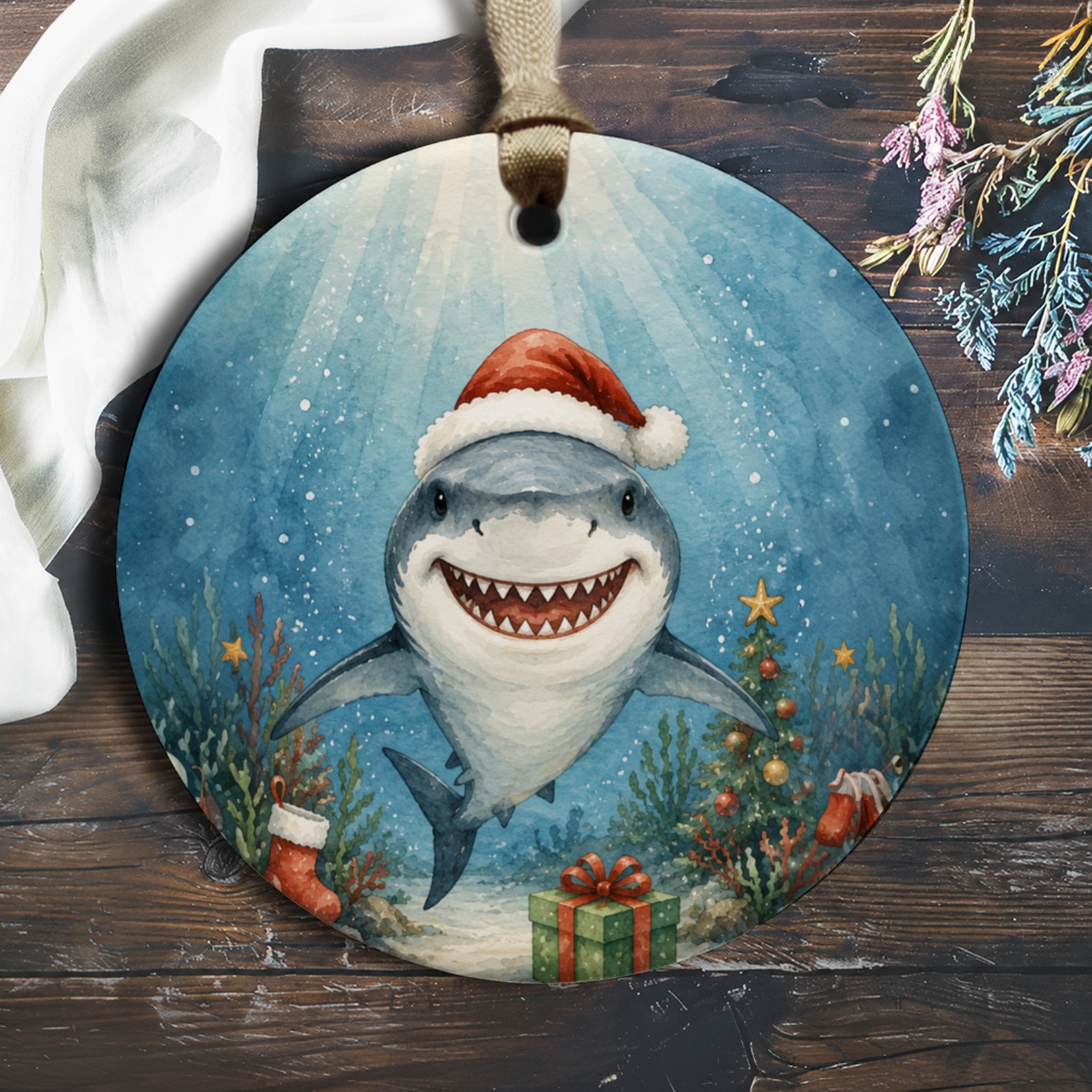 Shark Christmas Ornament Cute Santa Hat Underwater Scene Holiday Decor Gift For Ocean Lover Fun Festive Tree Decoration O426