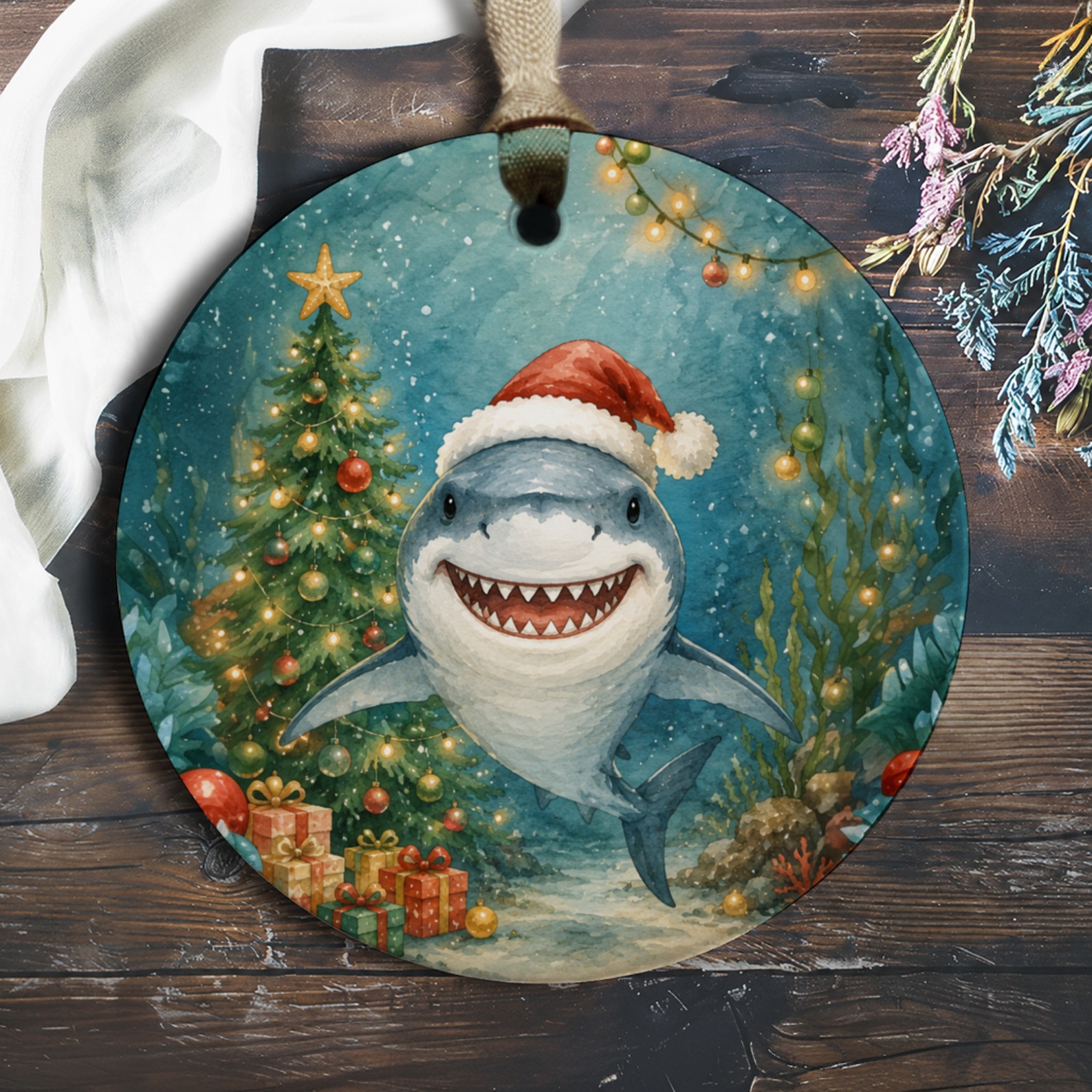 Shark Christmas Ornament Cute Santa Hat Holiday Decor Underwater Scene Festive Tree Ocean Lover Gift O427