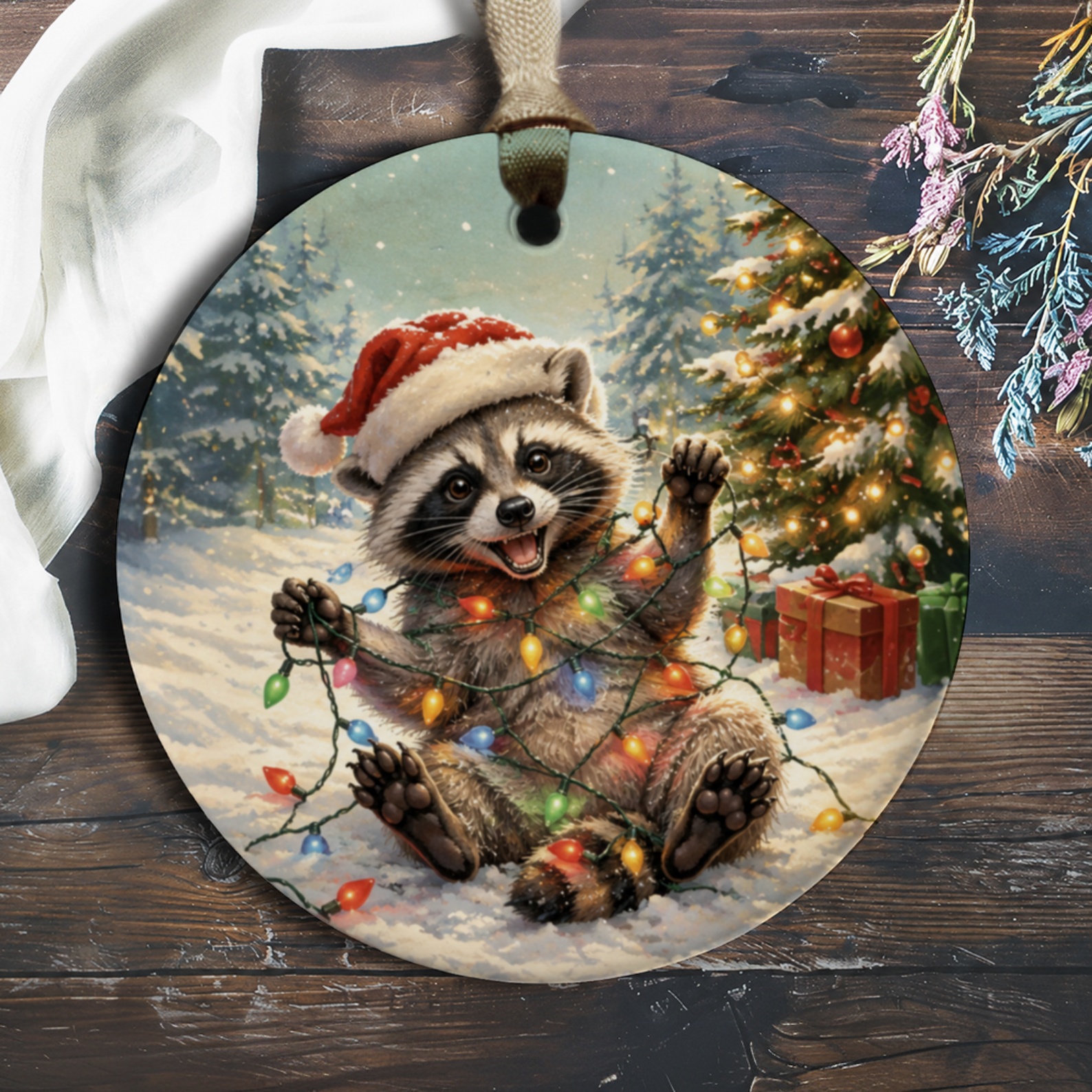Raccoon Christmas Ornament Cute Holiday Decor Animal Lover Gift Festive Tree Decoration Winter Wonderland Scene O440