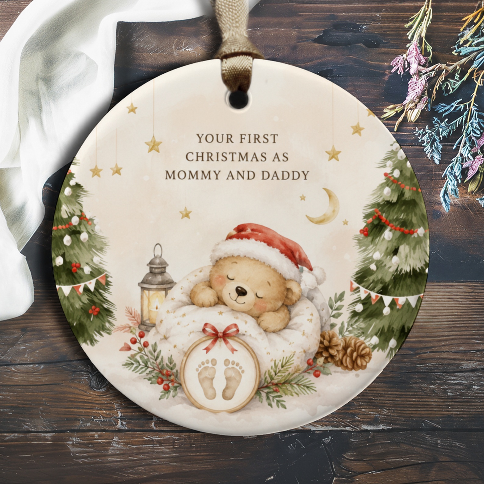 Your First Christmas As Mommy And Daddy Ornament Cute Bear Santa Hat Christmas Trees New Parents Holiday Decor Keepsake O445