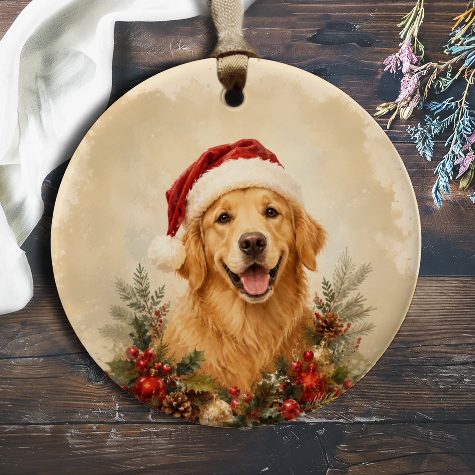 Golden Retriever Christmas Ornament Cute Dog Holiday Decor Santa Hat Festive Pet Lover Gift Tree Decoration O452