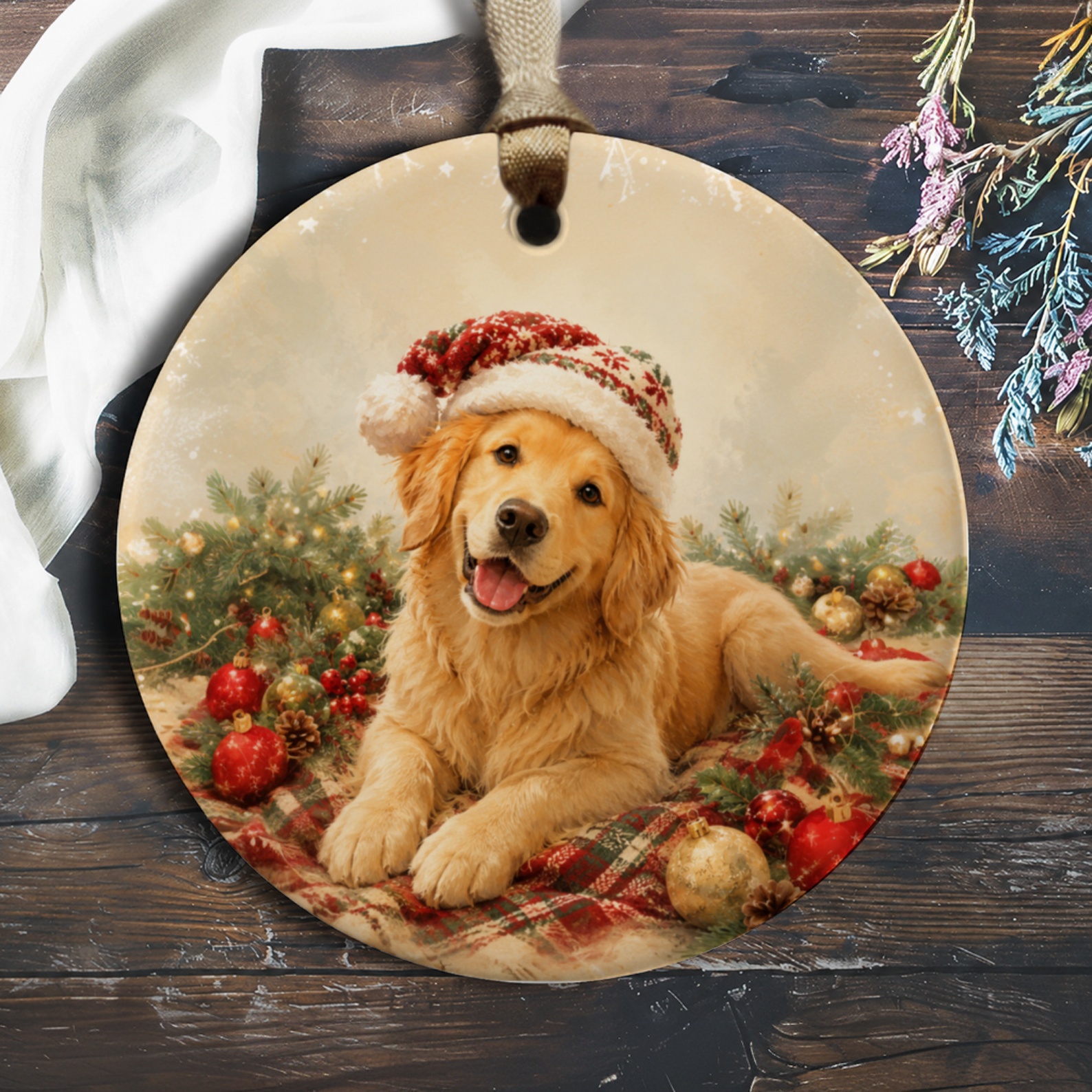 Golden Retriever Christmas Ornament Cute Dog Holiday Decor Santa Hat Festive Tree Decoration Pet Lover Gift O453
