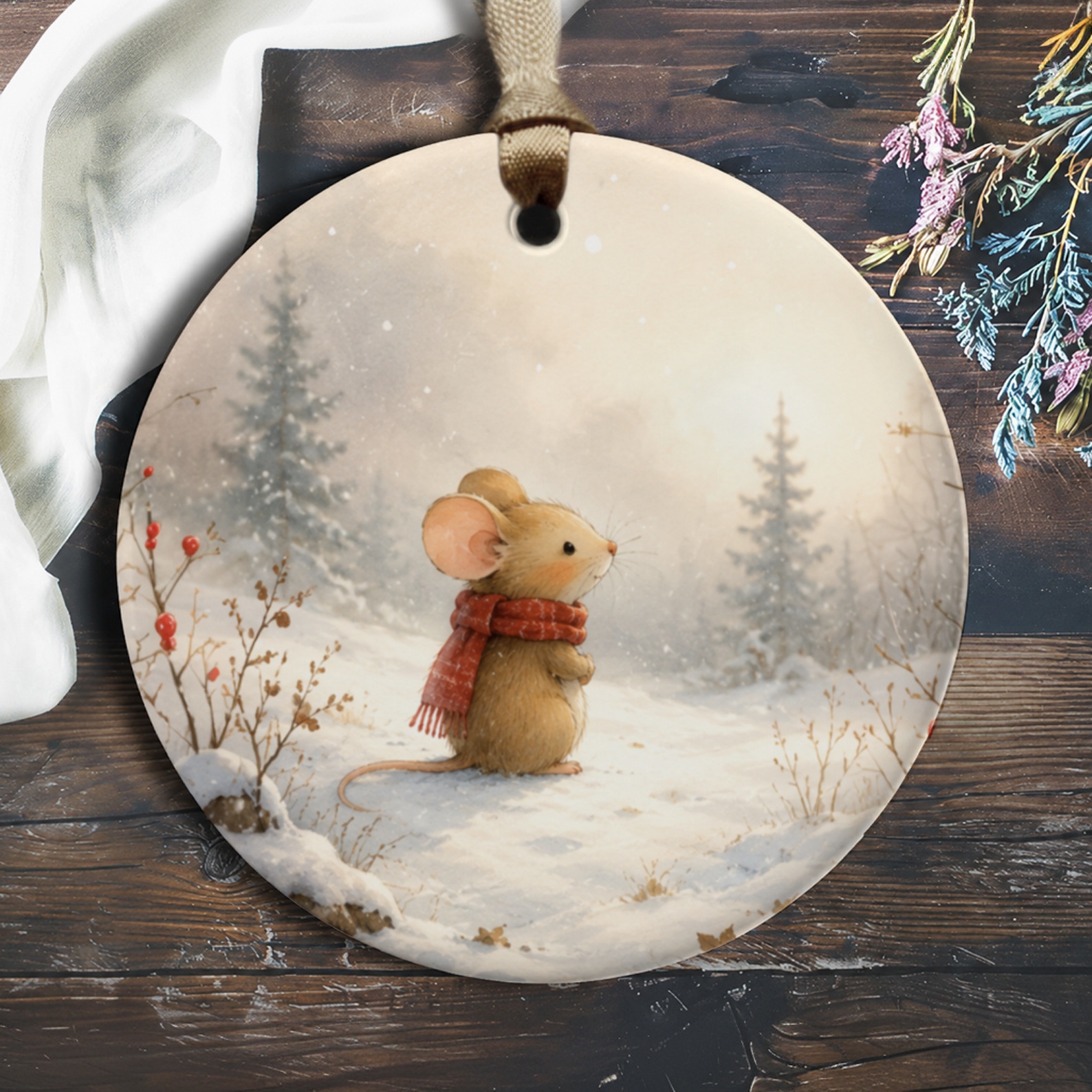 Cute Mouse Winter Scene Ornament Christmas Decoration Woodland Animal Holiday Decor Snowy Forest Art Gift O456