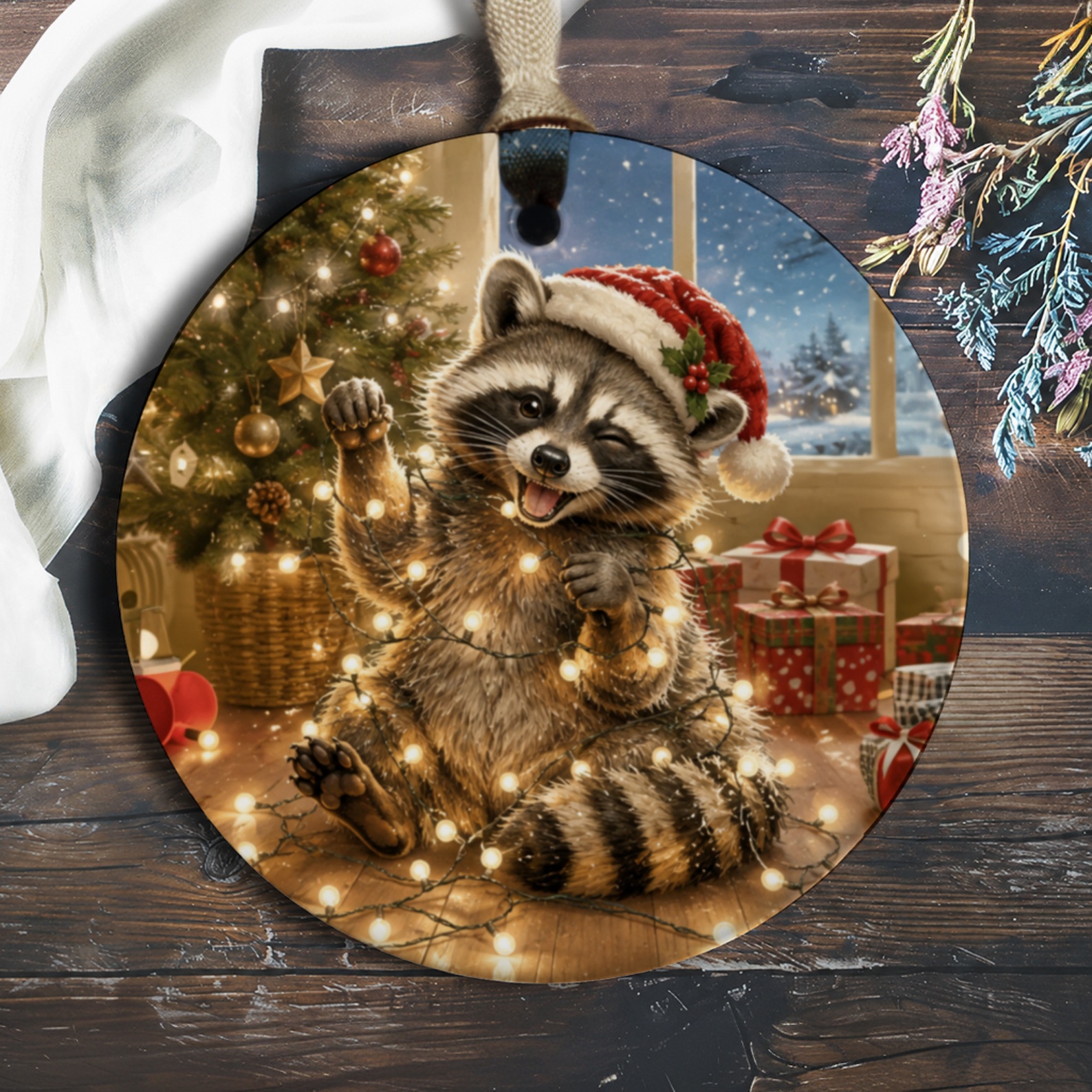 Raccoon With Christmas Lights Ornament Cute Holiday Decor Animal Lover Gift Festive Tree Decoration Winter Wonderland O441