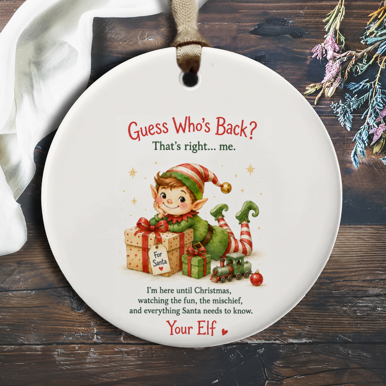 Guess Who's Back? Christmas Elf Ornament Cute Holiday Decoration Fun Mischief Santa Gift Kids Christmas Tree Decor O451