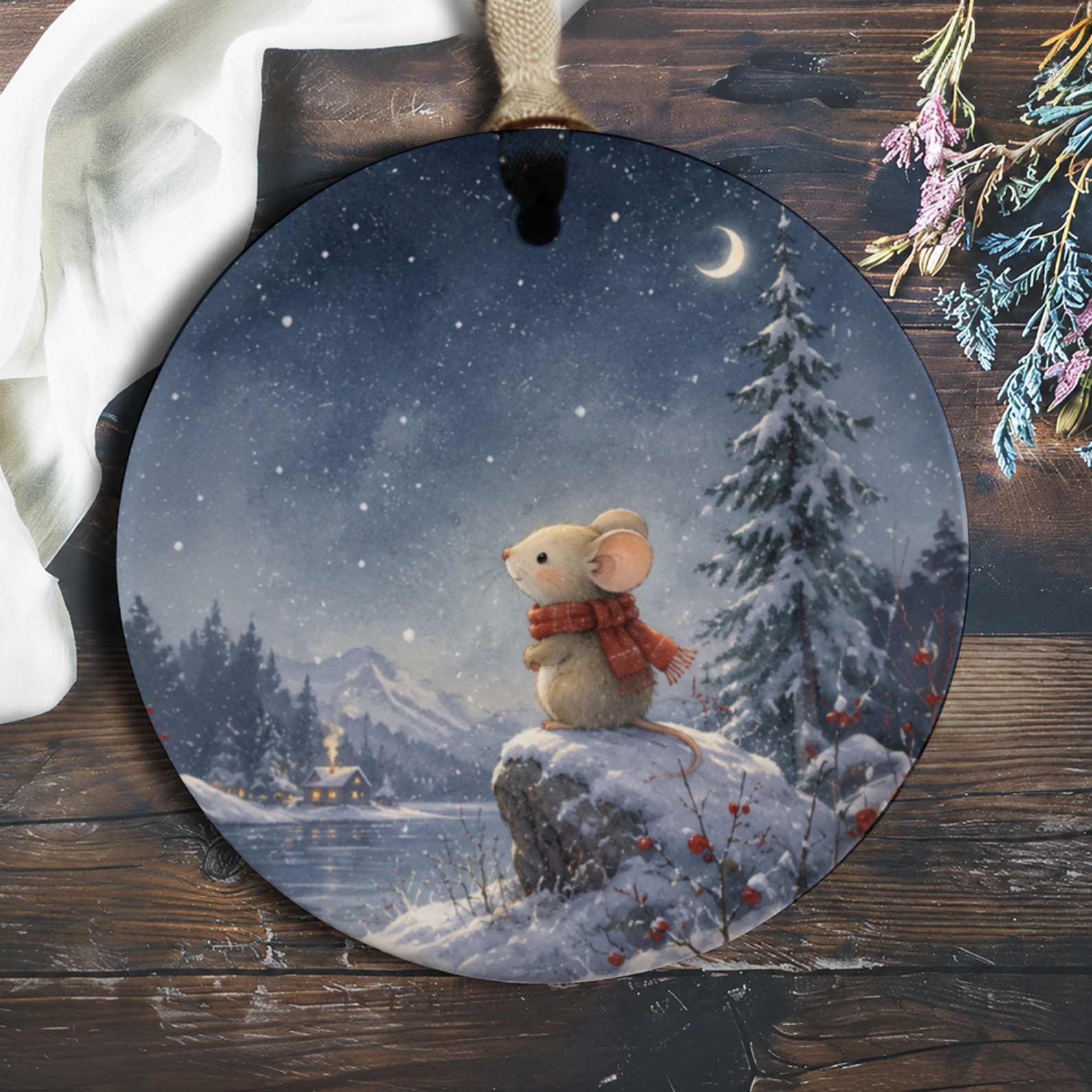 Mouse In Winter Scene Christmas Ornament Cute Animal Holiday Decor Snowy Night Woodland Art Gift For Nature Lover O457
