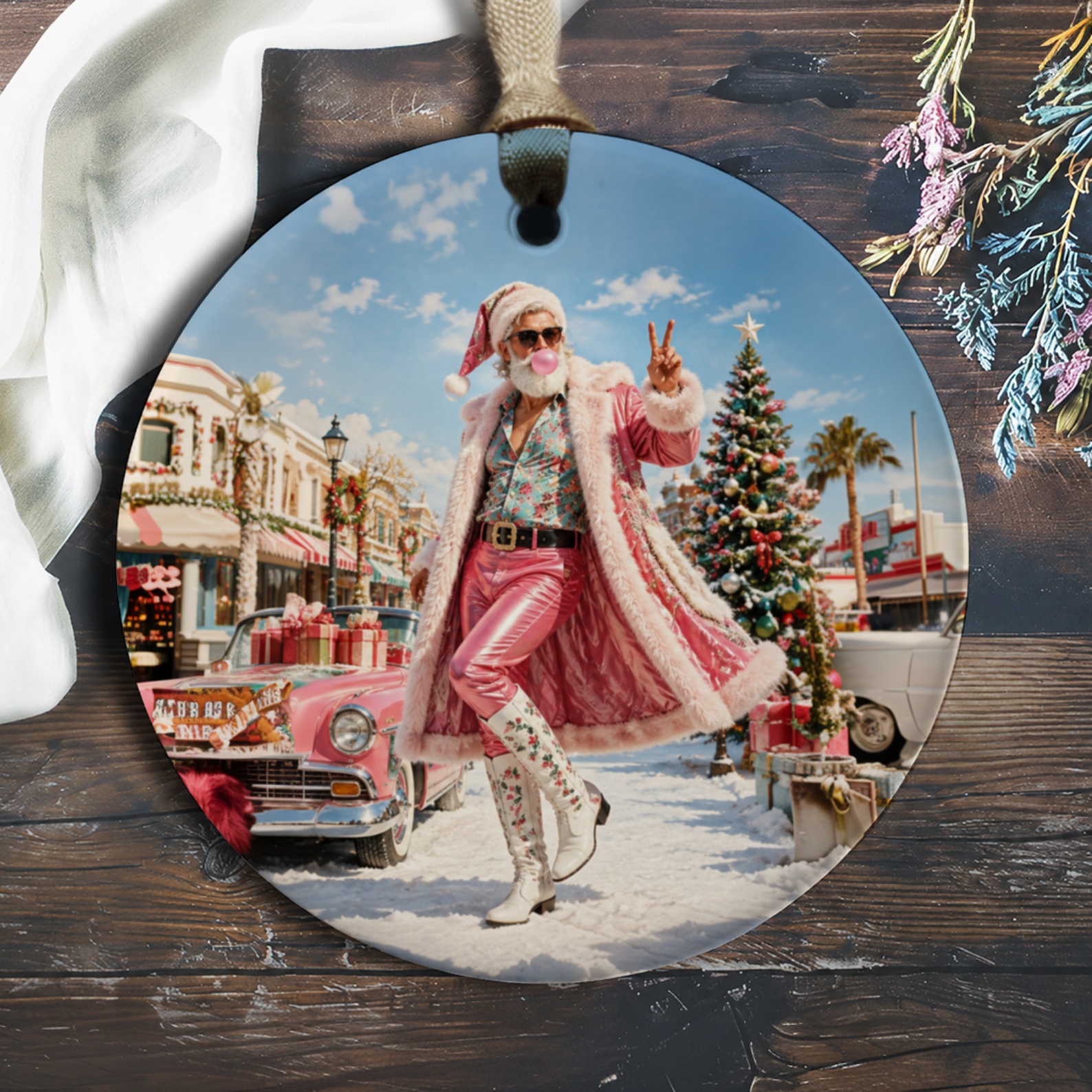 Retro Santa In Pink Outfit Christmas Ornament Festive Holiday Decor Unique Santa Claus Ornament For Christmas Tree O459