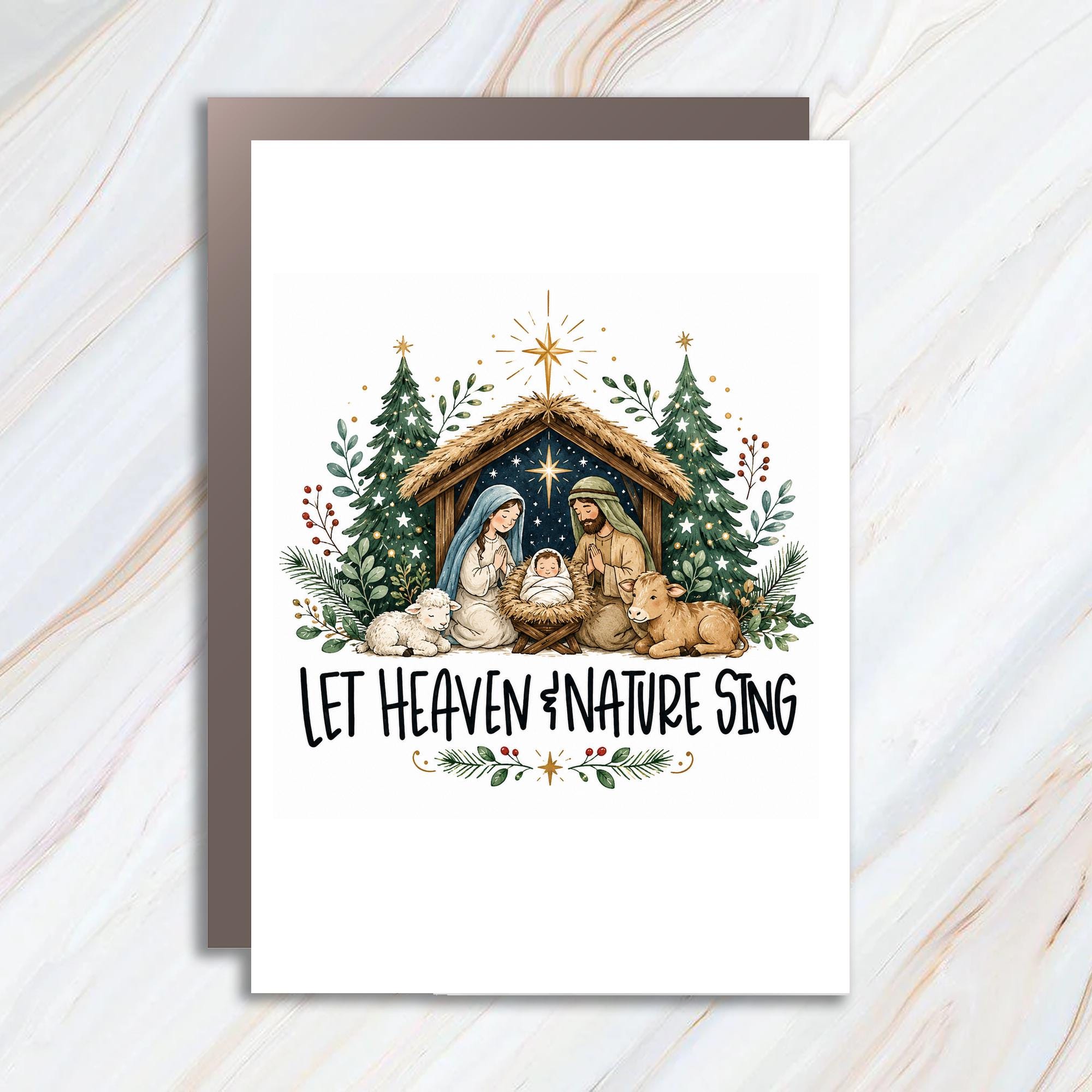 Let Heaven & Nature Sing Christmas Card Whimsical Nativity Scene Christian Holiday Greeting Card Religious Xmas Card C975