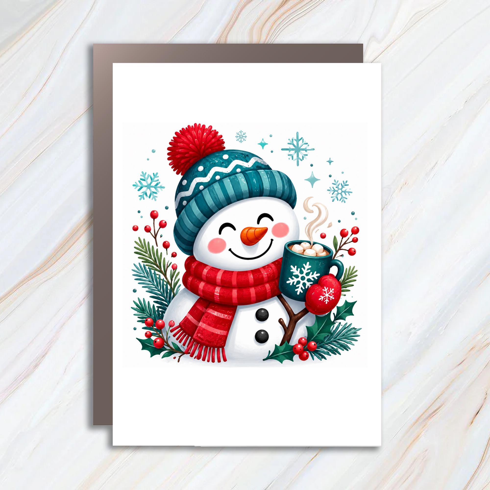 Smiling Snowman Christmas Card Cute Winter Greeting Card Holiday Cheer Snowflakes Hot Cocoa Festive Card For Friends Family C976