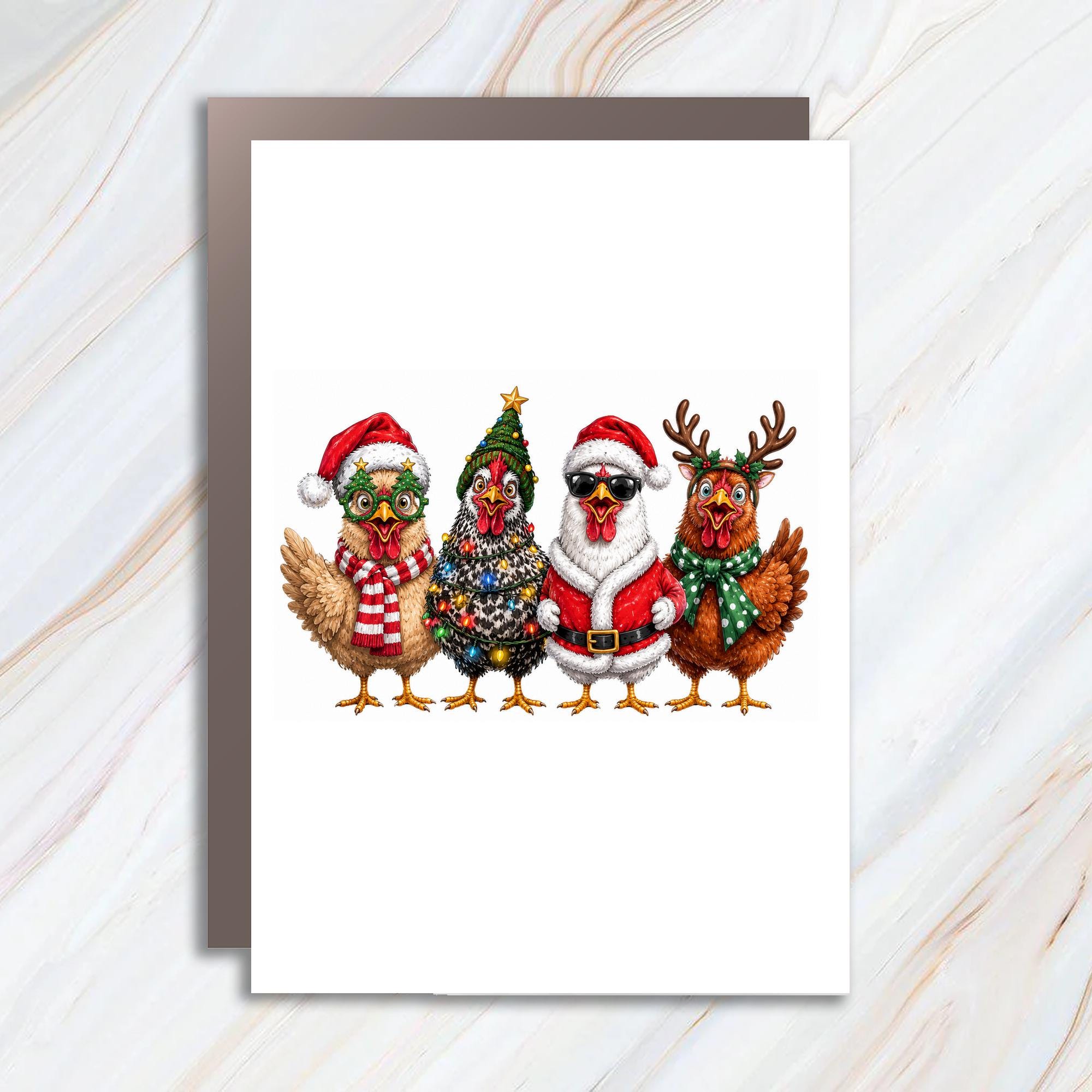 Christmas Chicken Greeting Card Funny Holiday Card Santa Hat Reindeer Antlers Festive Chickens Cute Animal Christmas Card C973