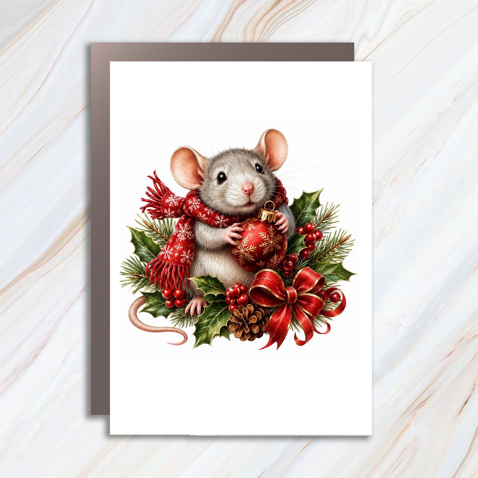 Mouse With Christmas Ornament Greeting Card Cute Holiday Card For Animal Lovers Festive Winter Card With Holly And Pine C978
