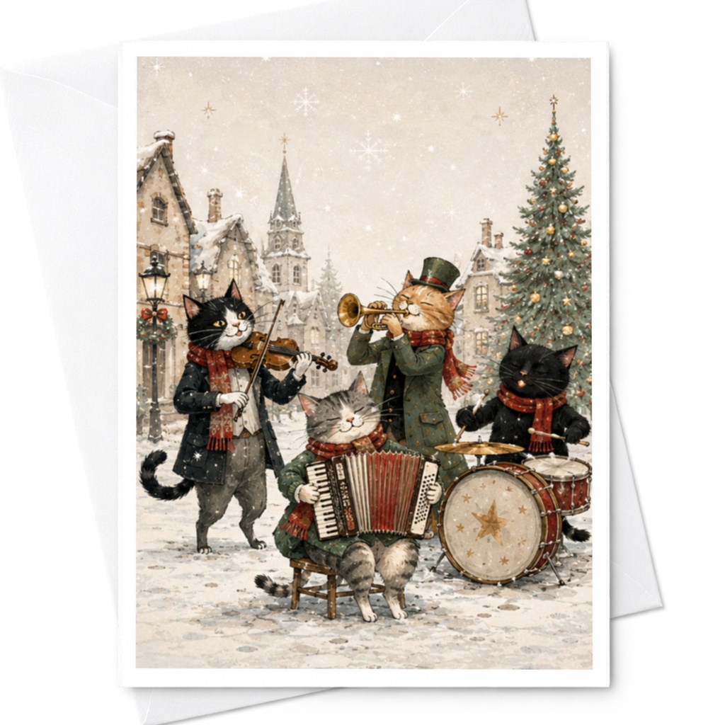 Christmas Cats Playing Instruments Card Festive Holiday Greeting Card For Cat Lover Cute Winter Scene Christmas Card C4423