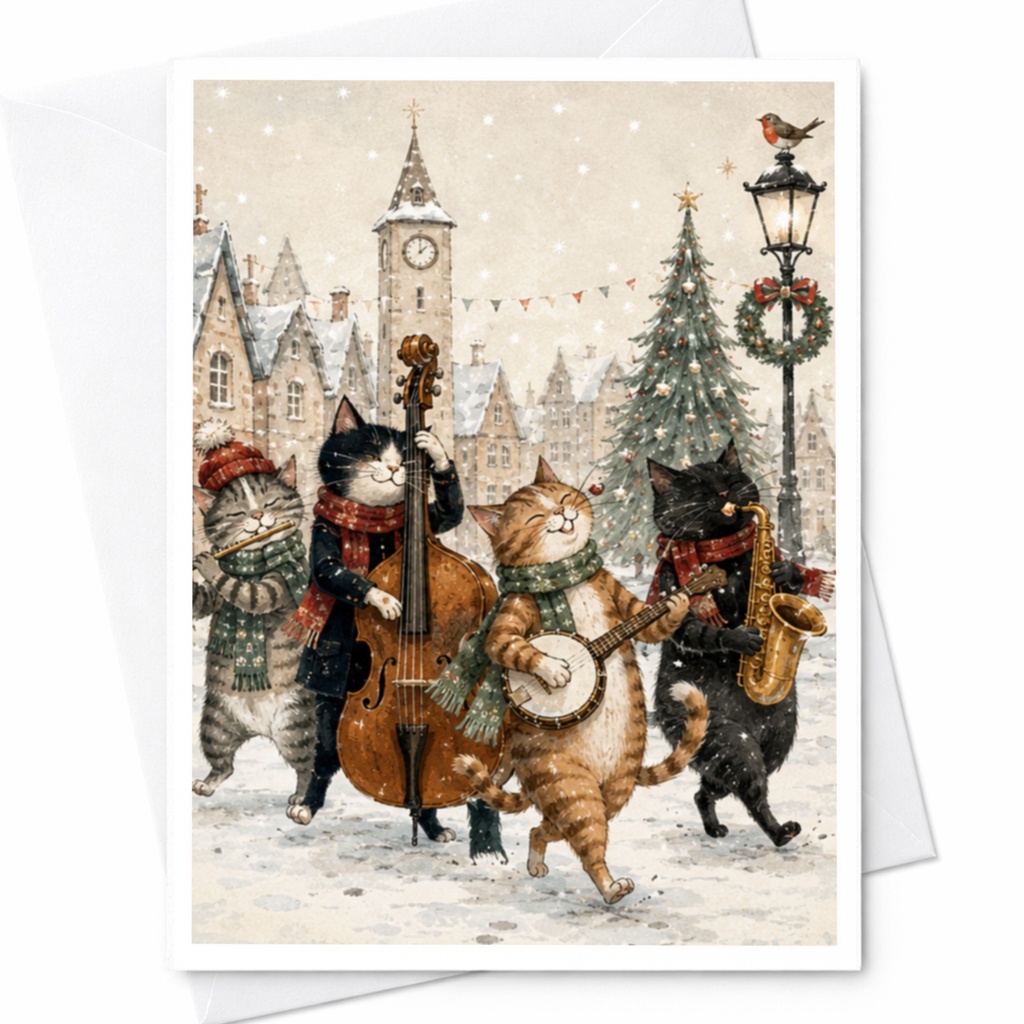 Festive Cats Christmas Card Cute Animal Holiday Greeting Card For Cat Lover Winter Scene Musical Cats Xmas Card C4424