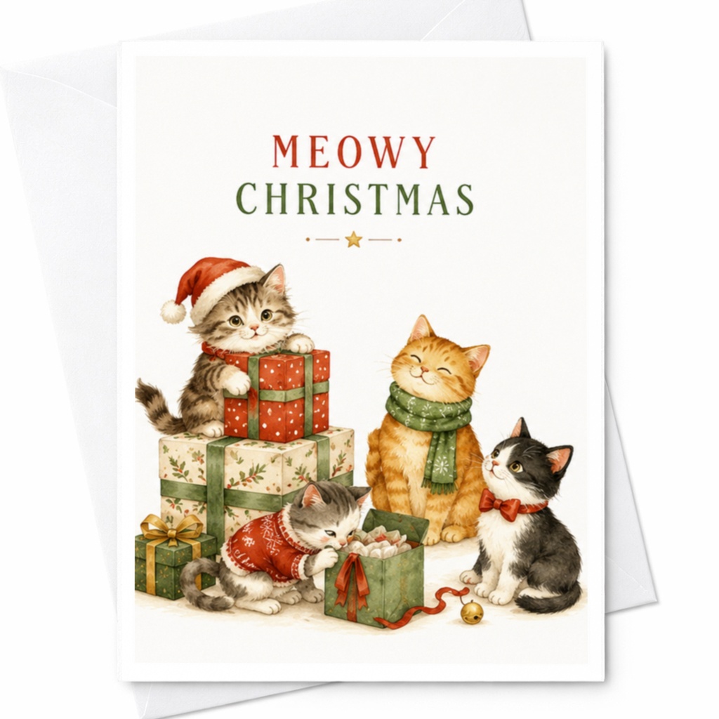 Meowy Christmas Cute Cat Christmas Card Festive Holiday Greeting Card For Cat Lover Adorable Kittens With Gifts C4432
