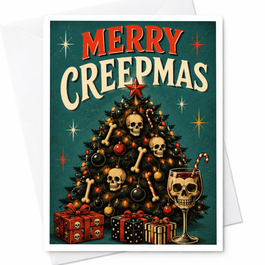 Merry Creepmas Funny Christmas Card Gothic Holiday Greeting Card Skulls Tree Dark Xmas Card For Friends Unique Festive C4444