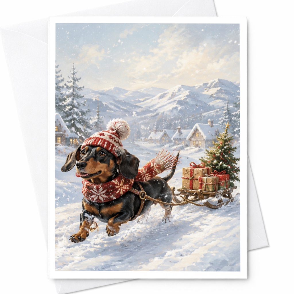 Dachshund Christmas Card Cute Dog Pulling Sled With Gifts Winter Holiday Card For Dog Lover Festive Greeting Card C4421
