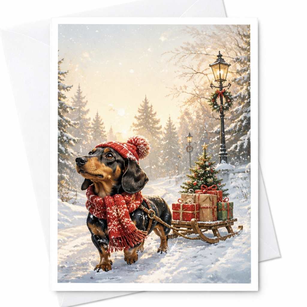 Dachshund Christmas Card Cute Dog Holiday Greeting Card Winter Scene For Dog Lover Festive Snowy Landscape Xmas Card C4422
