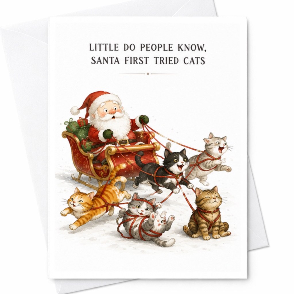Little Do People Know, Santa First Tried Cats Funny Christmas Card Cat Lover Holiday Greeting Card Cute Santa C4427