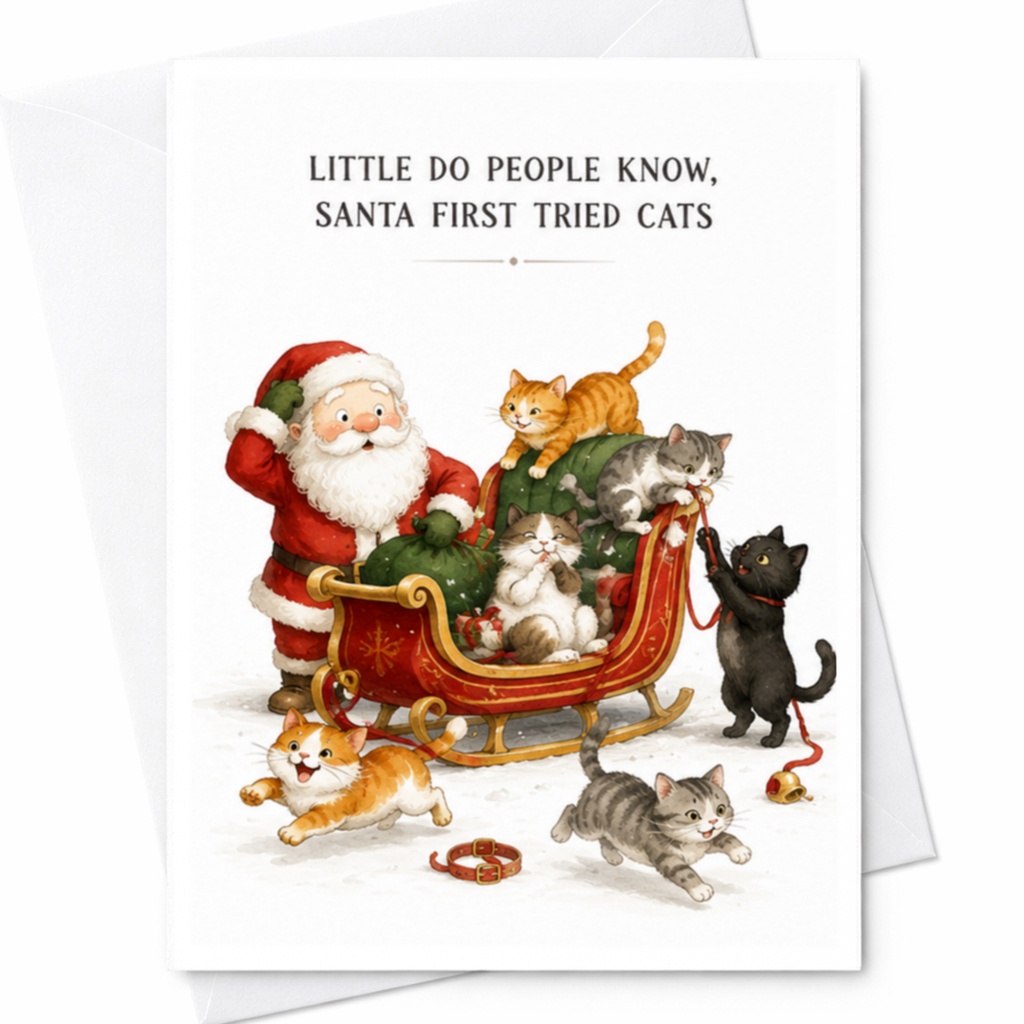 Little Do People Know, Santa First Tried Cats Funny Christmas Card Cat Lover Holiday Greeting Card Cute Santa Cats C4428
