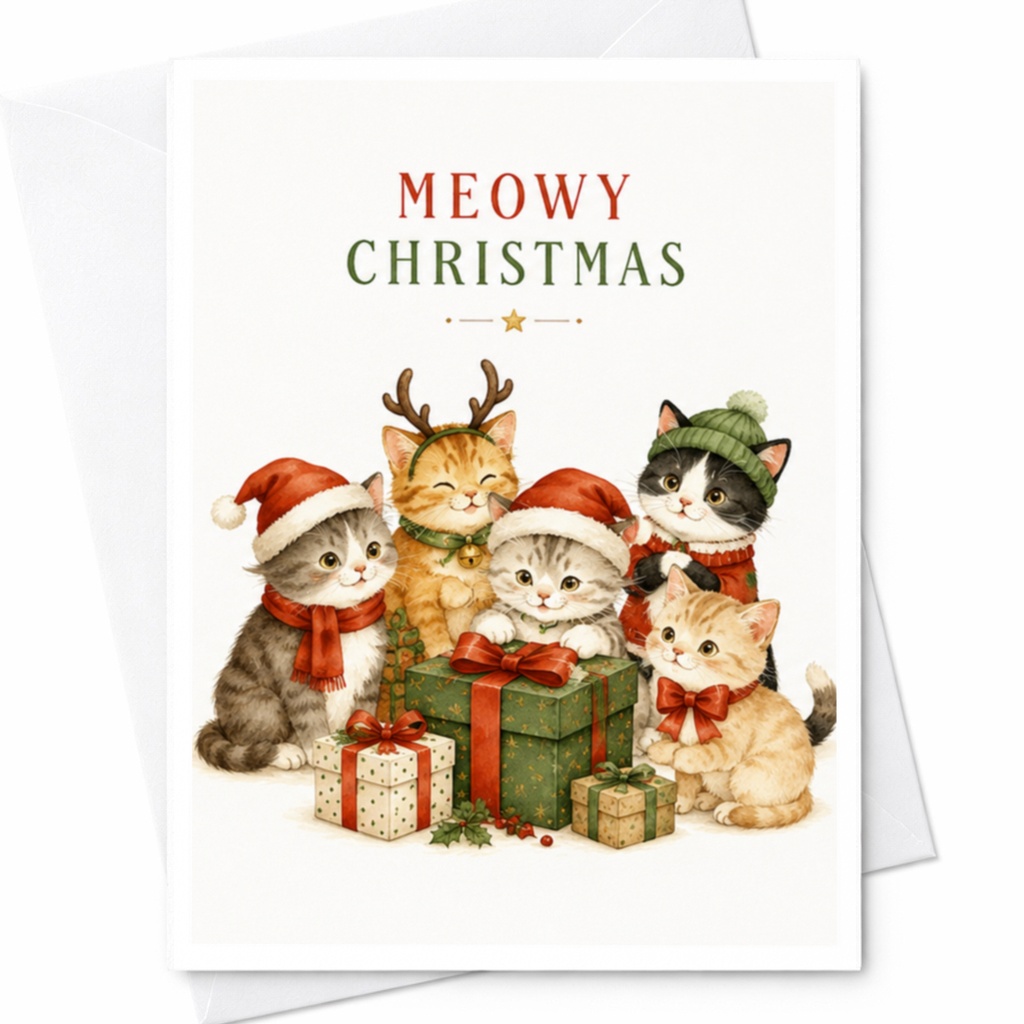 Meowy Christmas Cute Cat Christmas Card Adorable Holiday Greeting Card For Cat Lovers Festive Cats With Gifts Santa Hats C4431