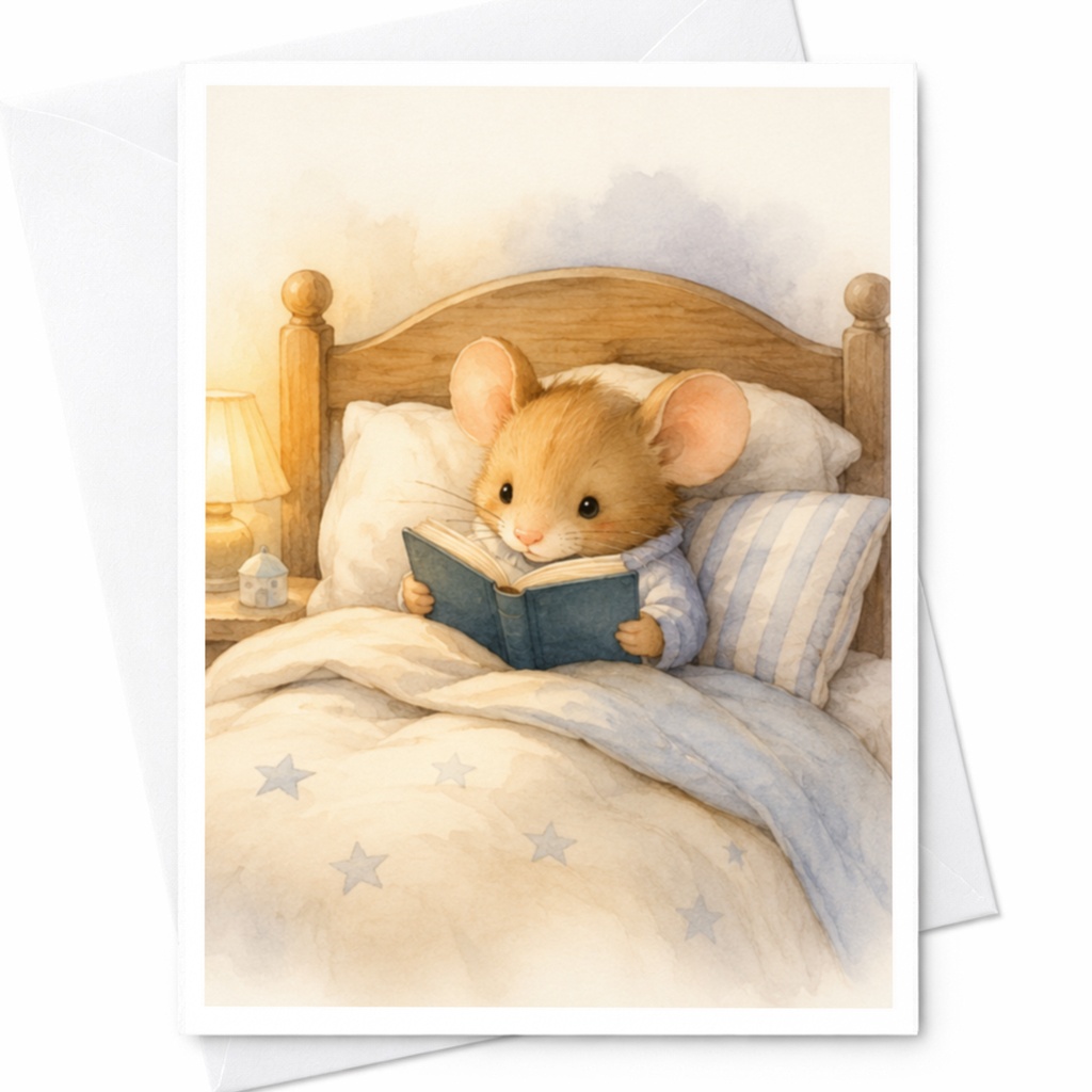 Cute Mouse Reading Card Blank Greeting Card Adorable Animal Illustration For Book Lover Kids Bedtime Story Card C4441