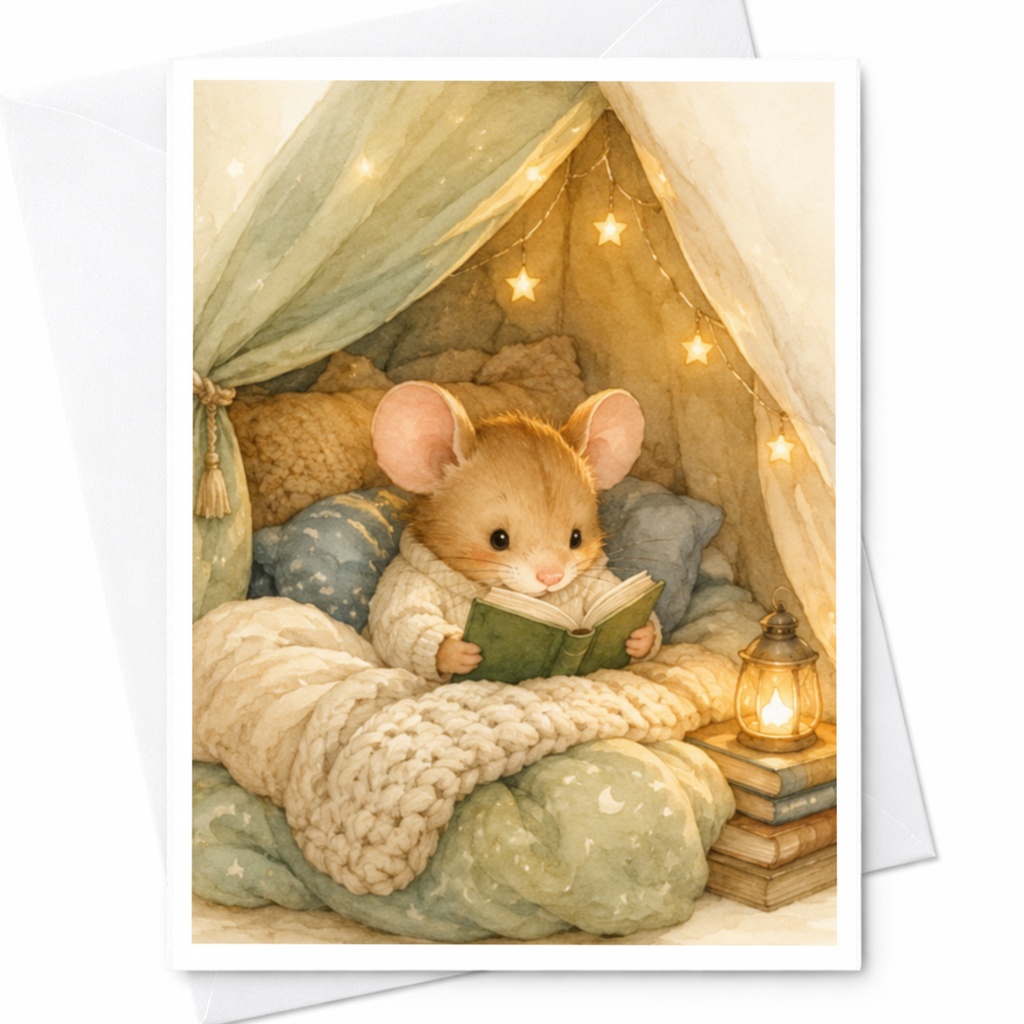 Cozy Mouse Reading Card Cute Animal Illustration Blank Greeting Card For Book Lover Whimsical Art Everyday Card C4442