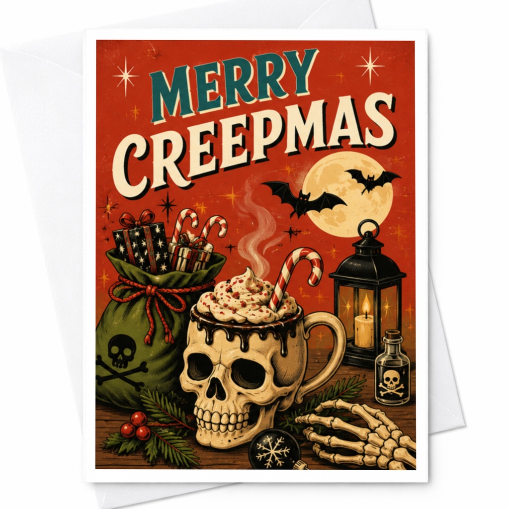 Merry Creepmas Funny Christmas Card Skull Mug Candy Canes Gothic Holiday Greeting Card For Friends Unique Xmas Card C4443