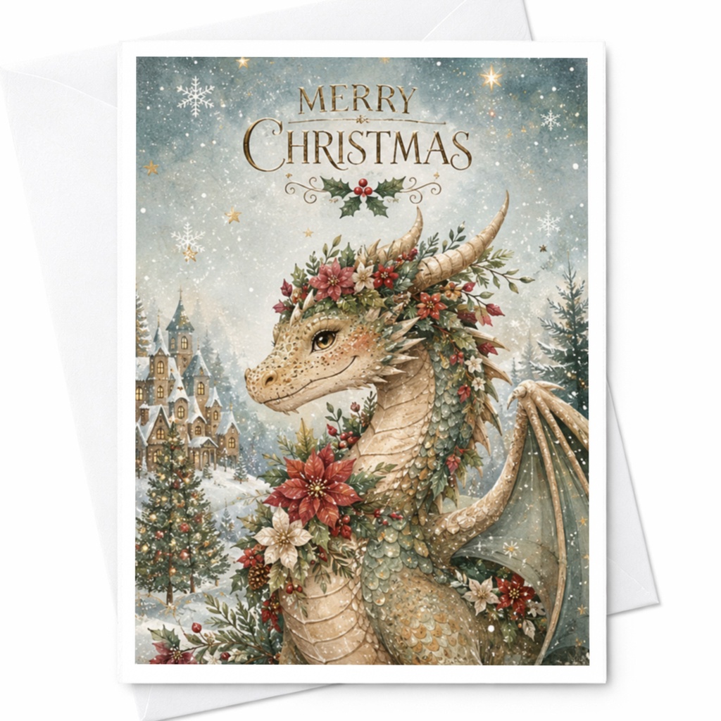 Merry Christmas Dragon Card Festive Holiday Greeting Card Fantasy Art Christmas Card For Friends Family Unique C4453