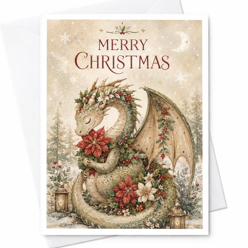 Merry Christmas Dragon Card Fantasy Holiday Greeting Card Cute Christmas Card For Friends Family Whimsical Art C4454
