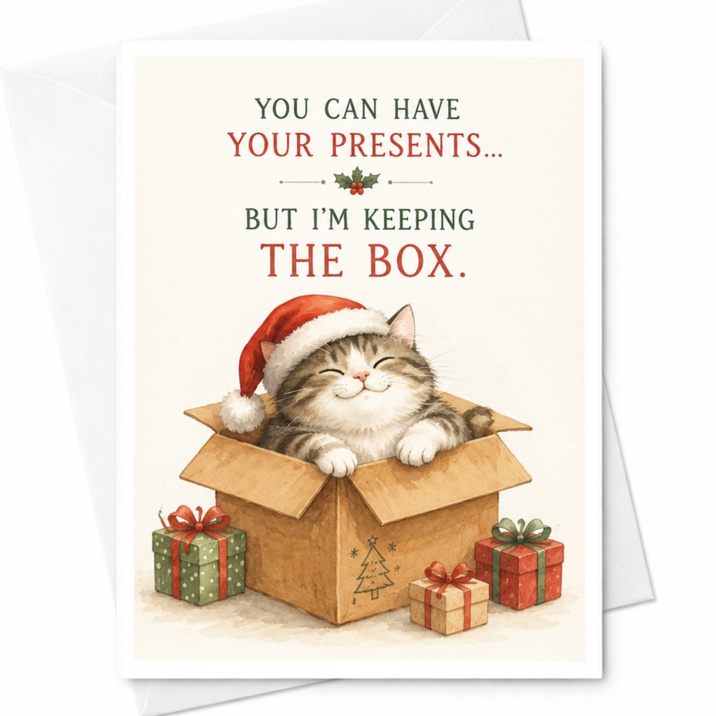 You Can Have Your Presents... But I'm Keeping The Box. Funny Cat Christmas Card Cute Holiday Greeting For Cat Lover C4459