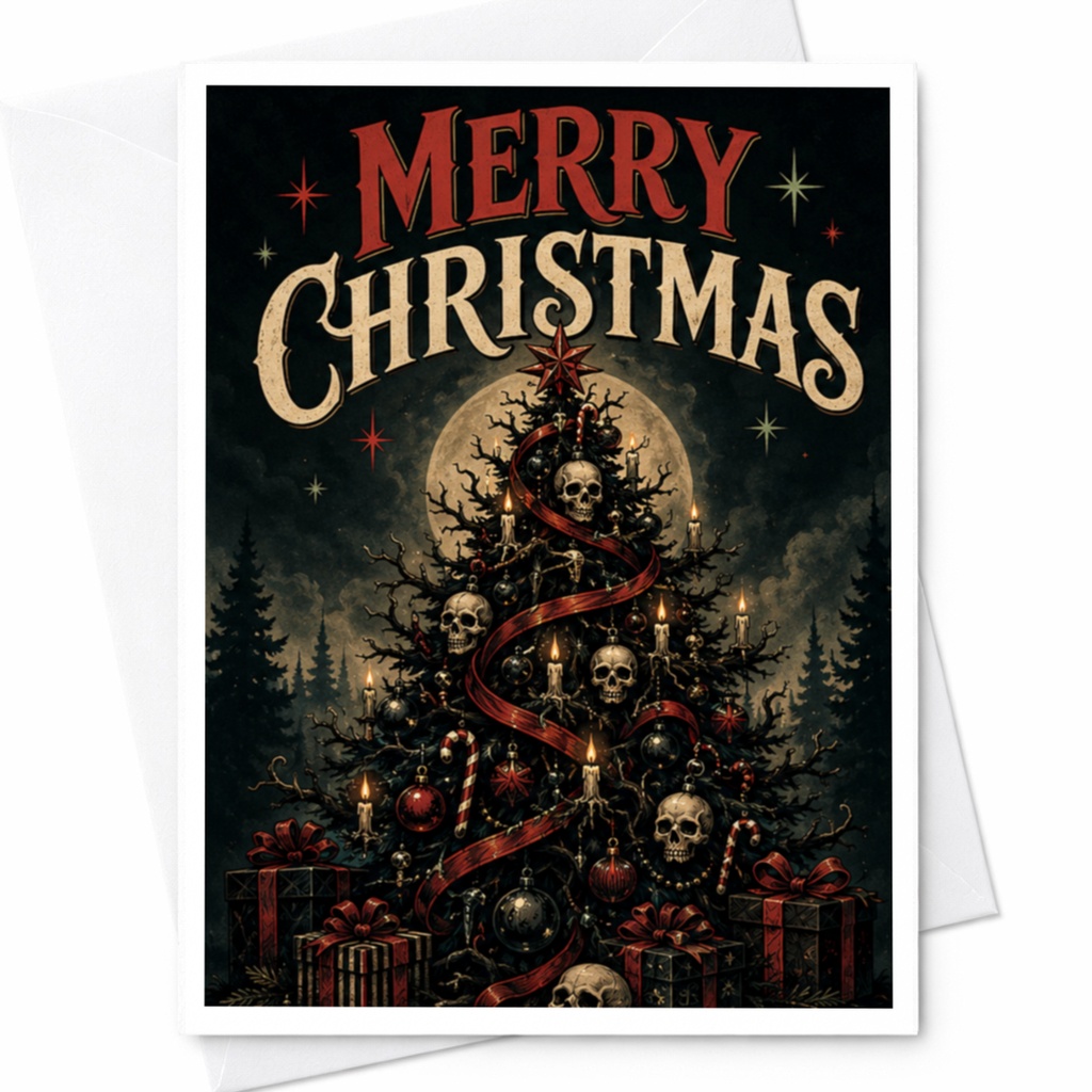 Merry Christmas Gothic Christmas Card Dark Holiday Greeting Card Unique Xmas Tree Skulls Candles For Friends Family C4467