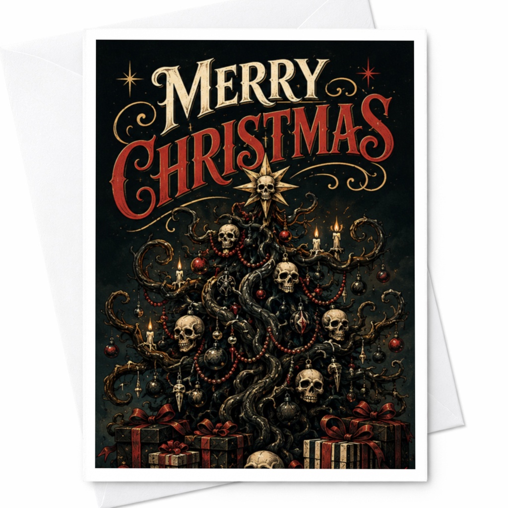 Merry Christmas Gothic Christmas Card Dark Holiday Greeting Card Unique Xmas Card For Friends Family Skulls Tree C4468