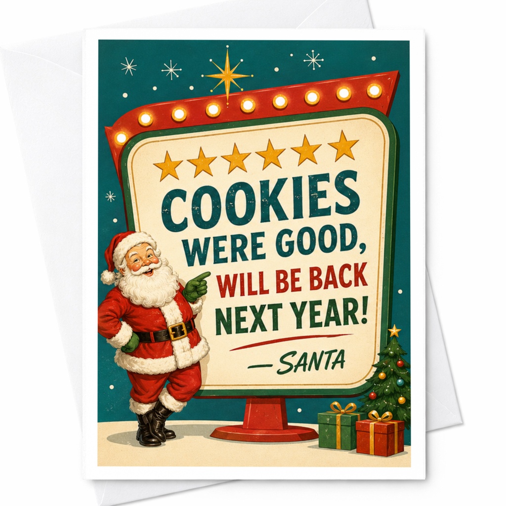 Cookies Were Good, Will Be Back Next Year! — Santa Funny Christmas Card Santa Holiday Greeting Card For Friends Family C4470