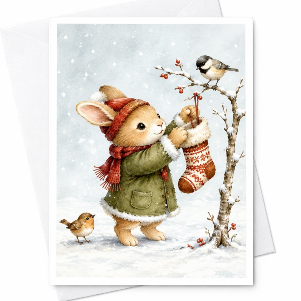 Bunny Hanging Stocking Christmas Card Cute Animal Holiday Greeting Card Winter Scene For Kids Family Festive Season C4471