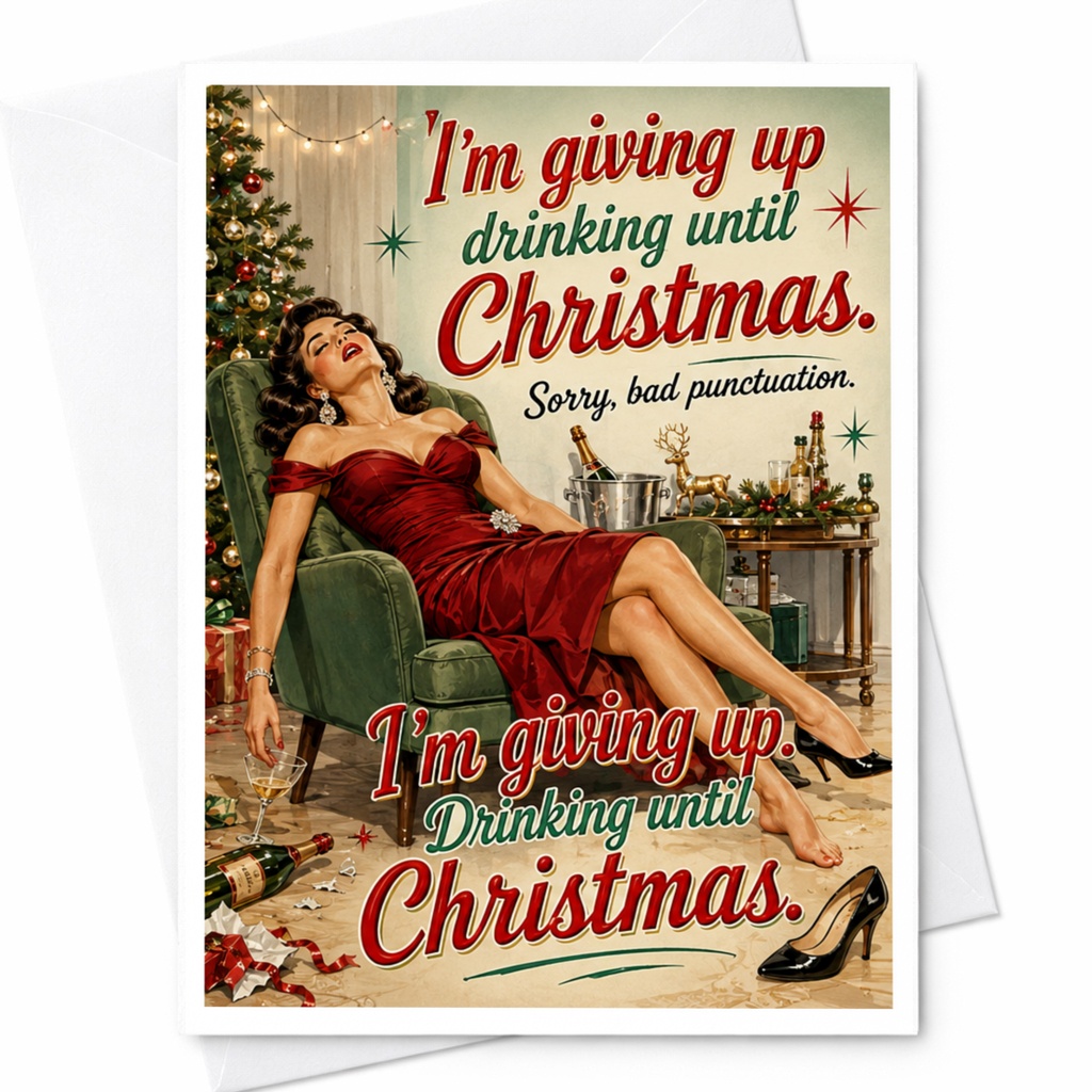 I'm Giving Up Drinking Until Christmas Funny Christmas Card Holiday Greeting Card For Friend Retro Style C4476