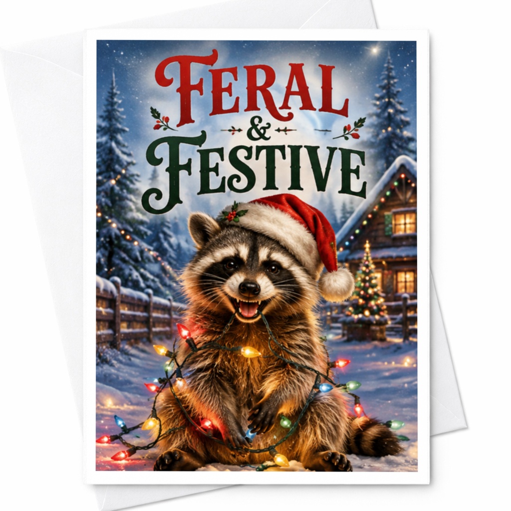 Feral & Festive Christmas Card Cute Raccoon Holiday Greeting Card Funny Animal Card For Granddaughter Festive Lights C4478