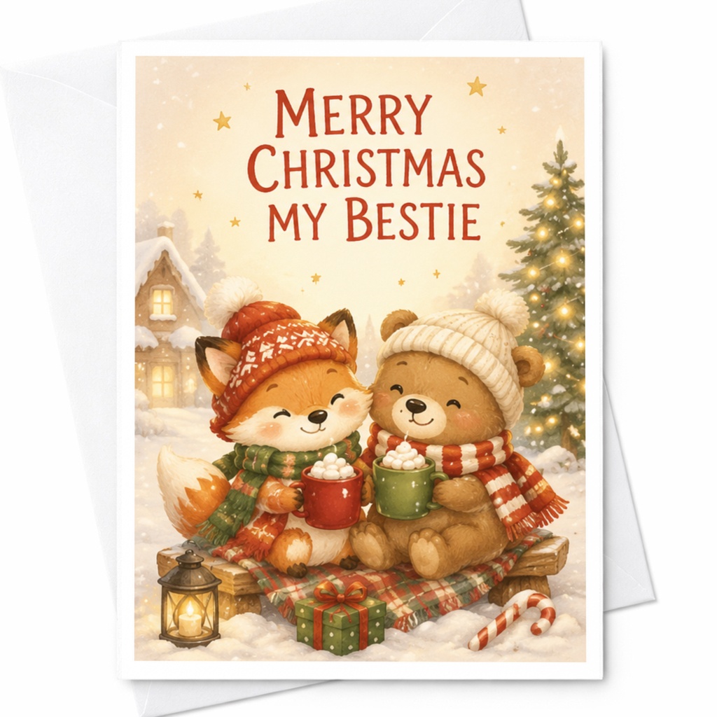 Merry Christmas My Bestie Cute Christmas Card Fox Bear Winter Holiday Greeting Card For Friend Cozy Festive Scene C4480