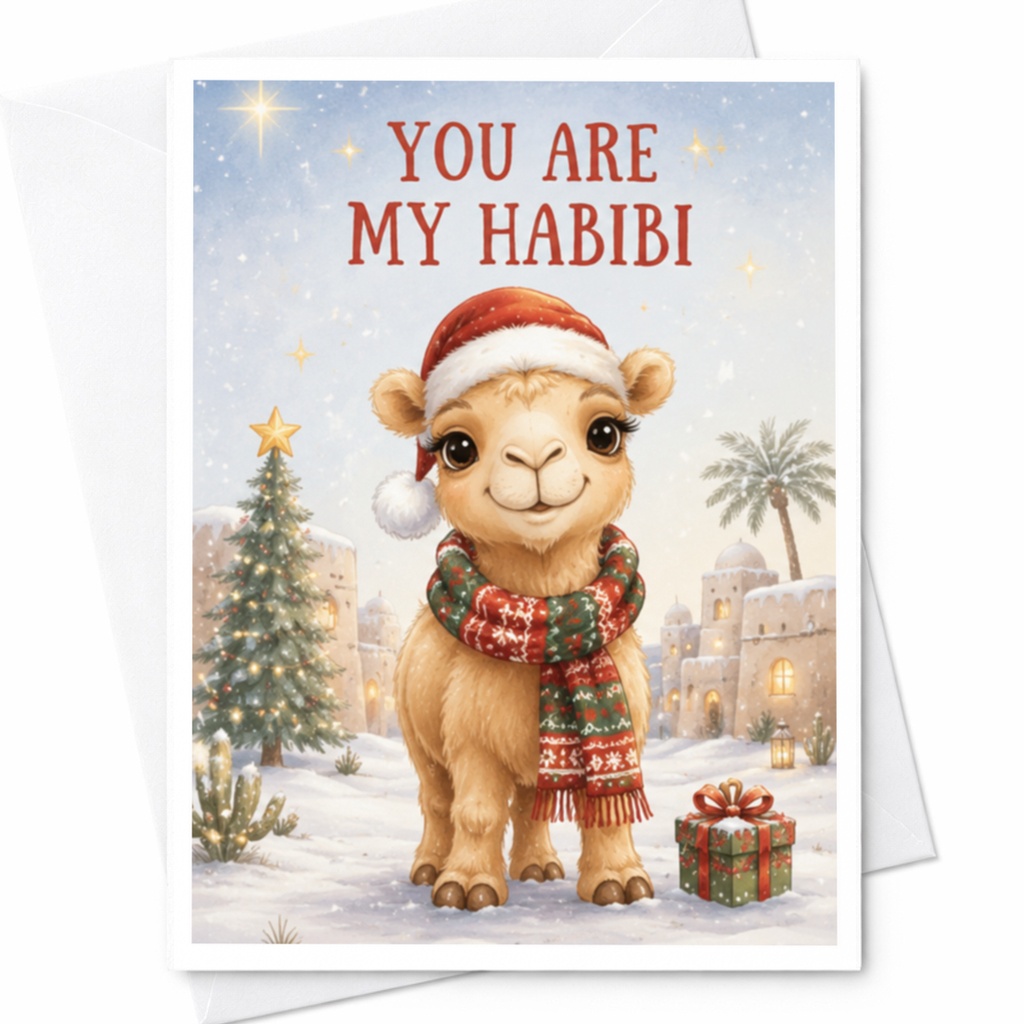 You Are My Habibi Christmas Card Cute Camel Festive Holiday Greeting Card For Loved One Romantic Winter Scene C4486
