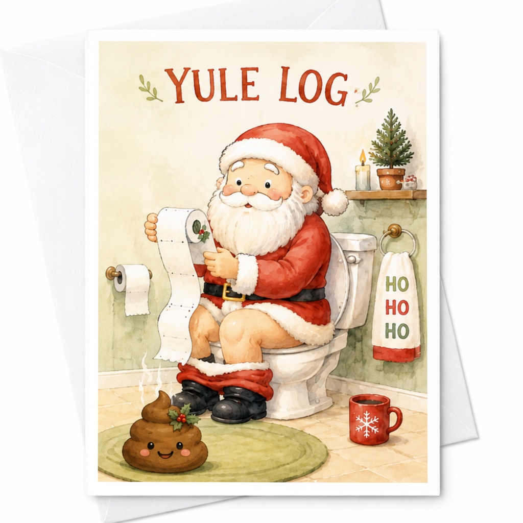 Yule Log Funny Christmas Card Santa Holiday Greeting Card For Him Her Cute Santa Claus Bathroom Decor Xmas Card C4448