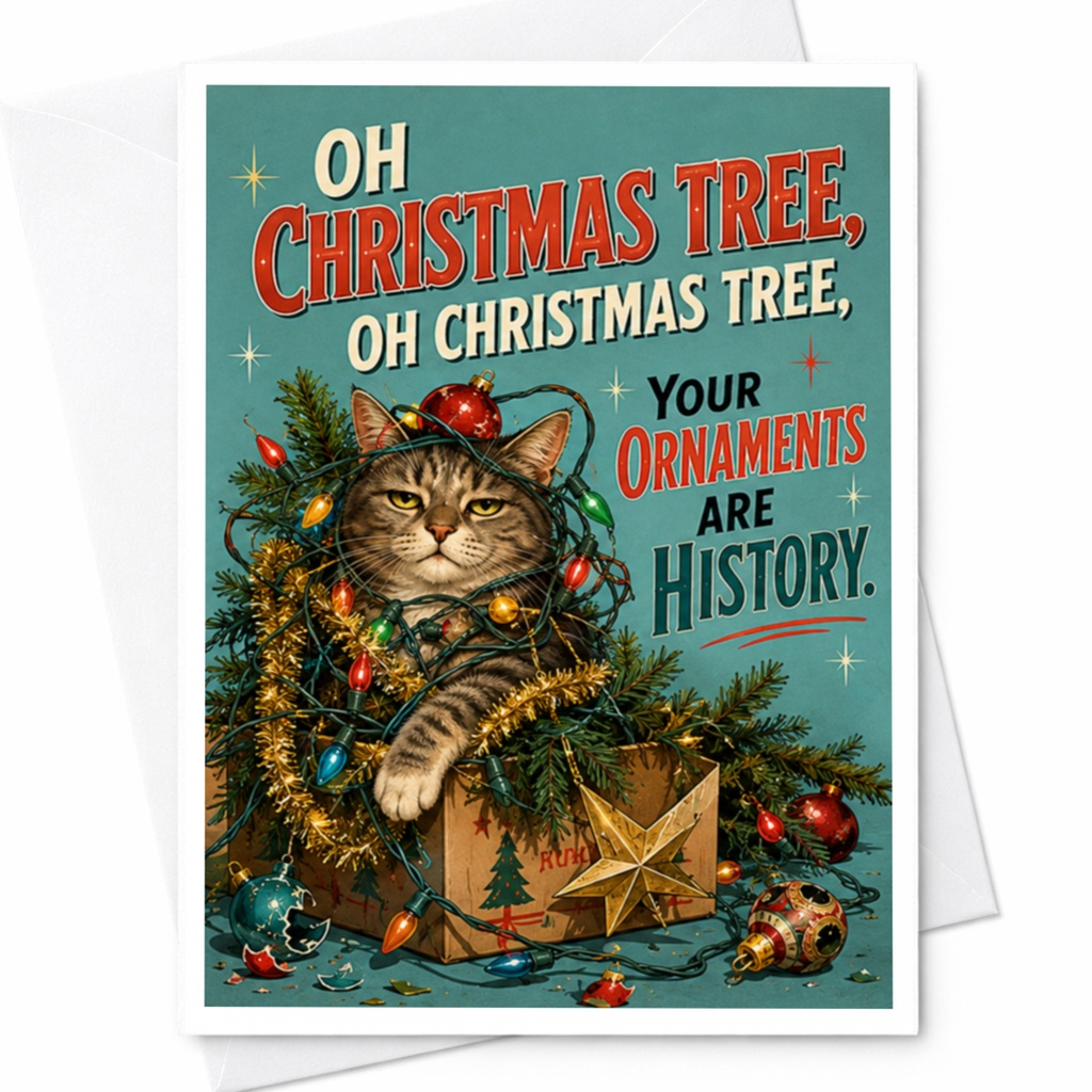 Oh Christmas Tree, Oh Christmas Tree, Your Ornaments Are History. Funny Cat Christmas Card Holiday For Cat Lovers Festive Gr C4490