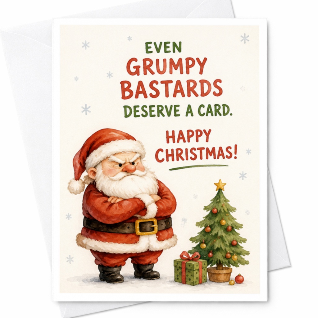 Even Grumpy Bastards Deserve A Card. Happy Christmas! Funny Christmas Card Grumpy Santa Holiday Greeting Card For Friends C4451