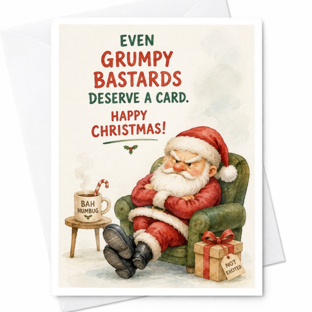 Even Grumpy Bastards Deserve A Card. Happy Christmas! Funny Christmas Card Grumpy Santa Holiday Greeting Card For Him C4452