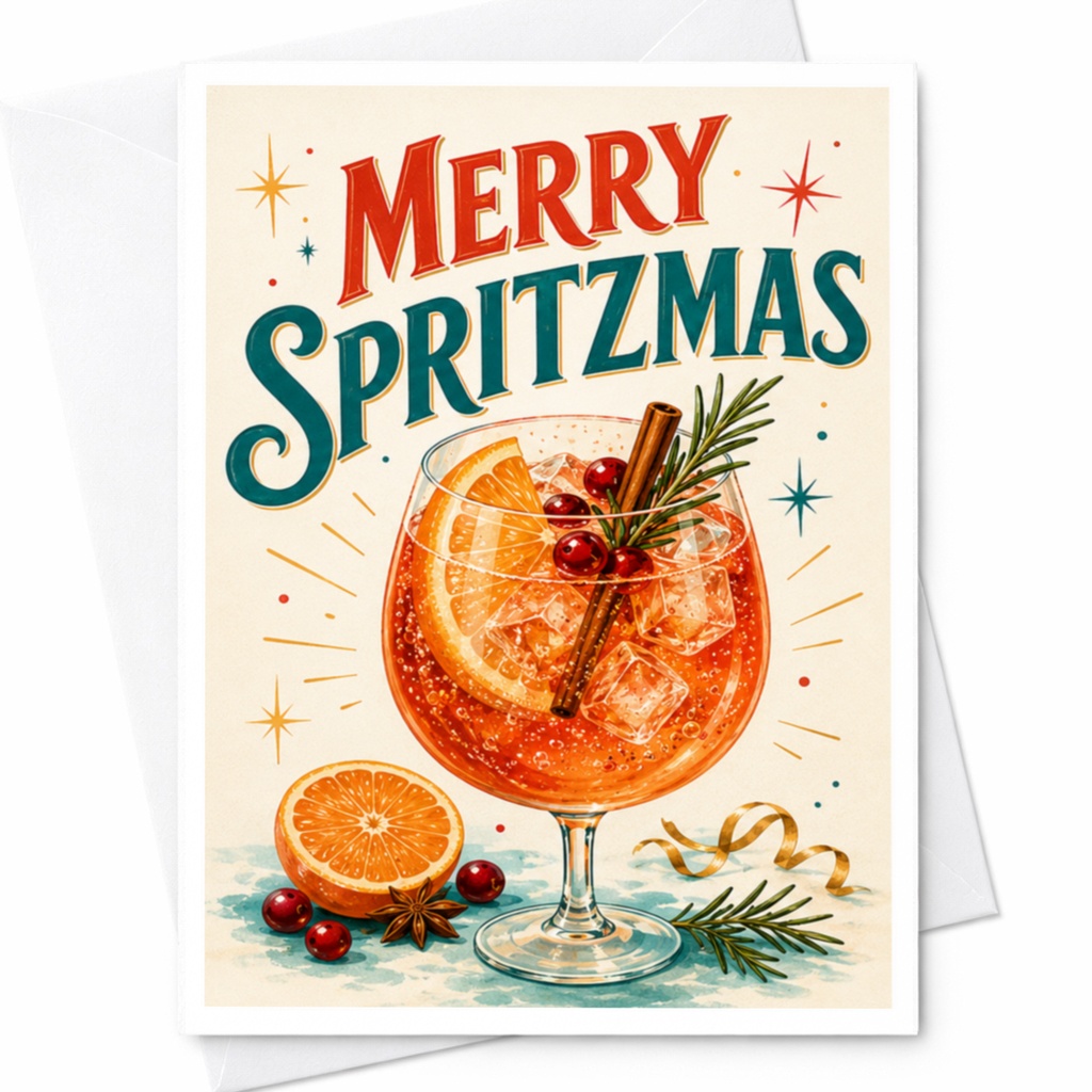 Merry Spritzmas Vintage Christmas Card Festive Holiday Greeting Card Funny Cocktail For Friends Colleagues C4496
